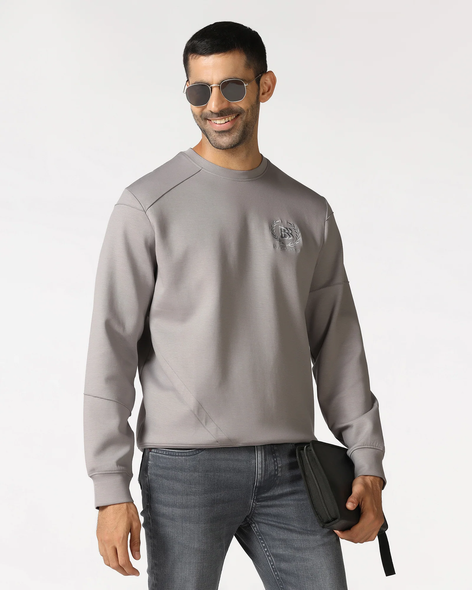 Light Grey Crew Neck Solid Sweatshirt - Dapper - Image 5