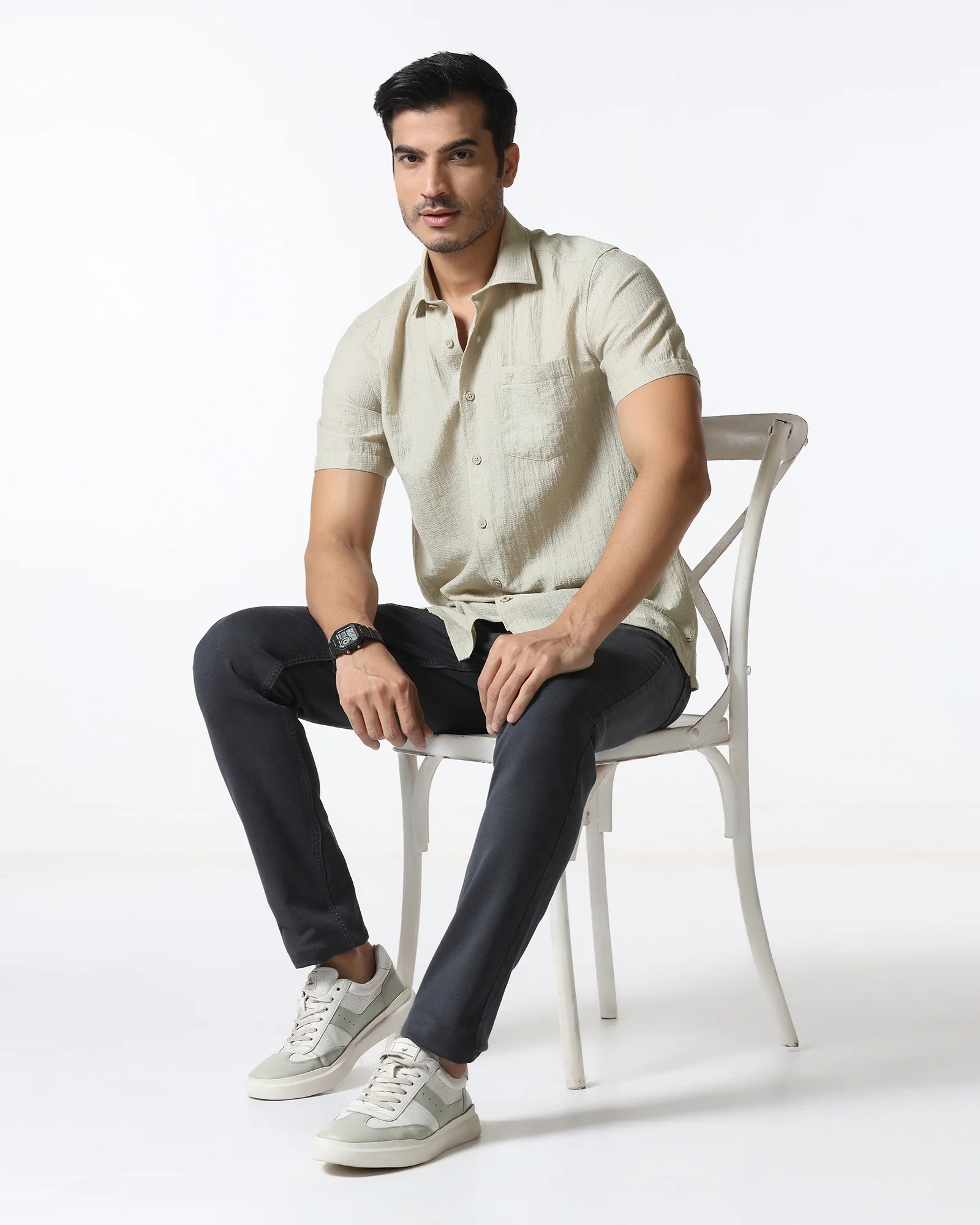 Light Grey Half Sleeve Textured Shirt - Cremon - Image 8