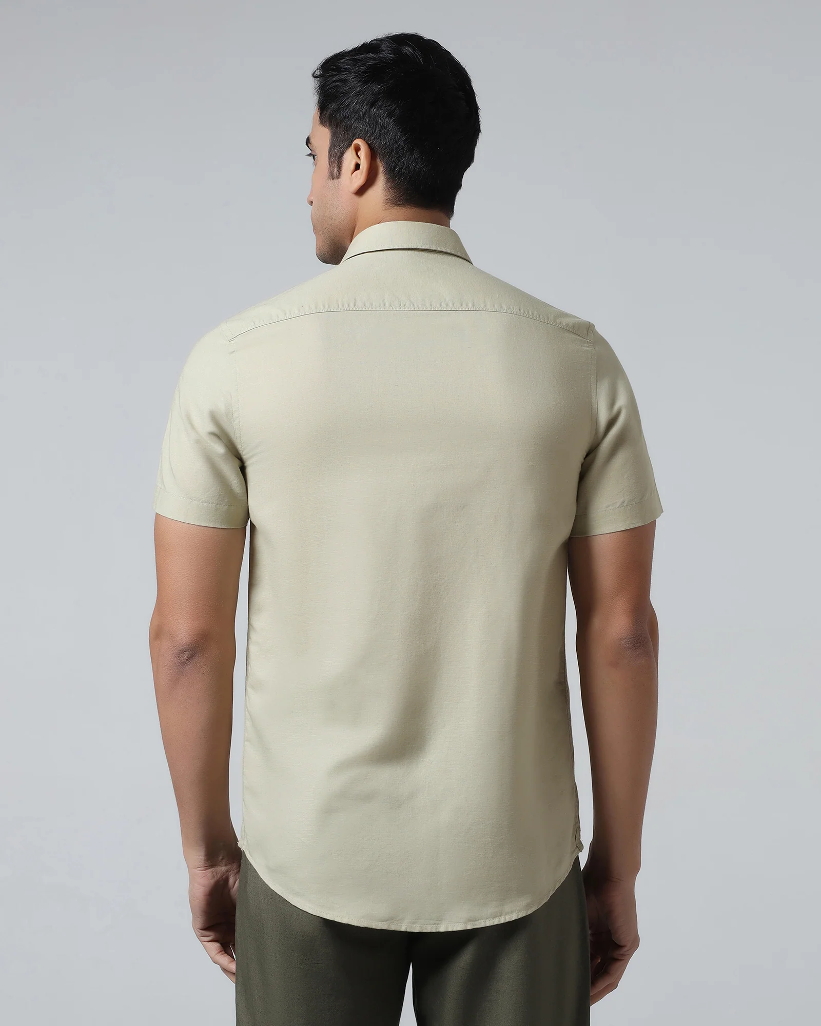 Light Olive Half Sleeve Linen Solid Shirt - Cleo - Image 2