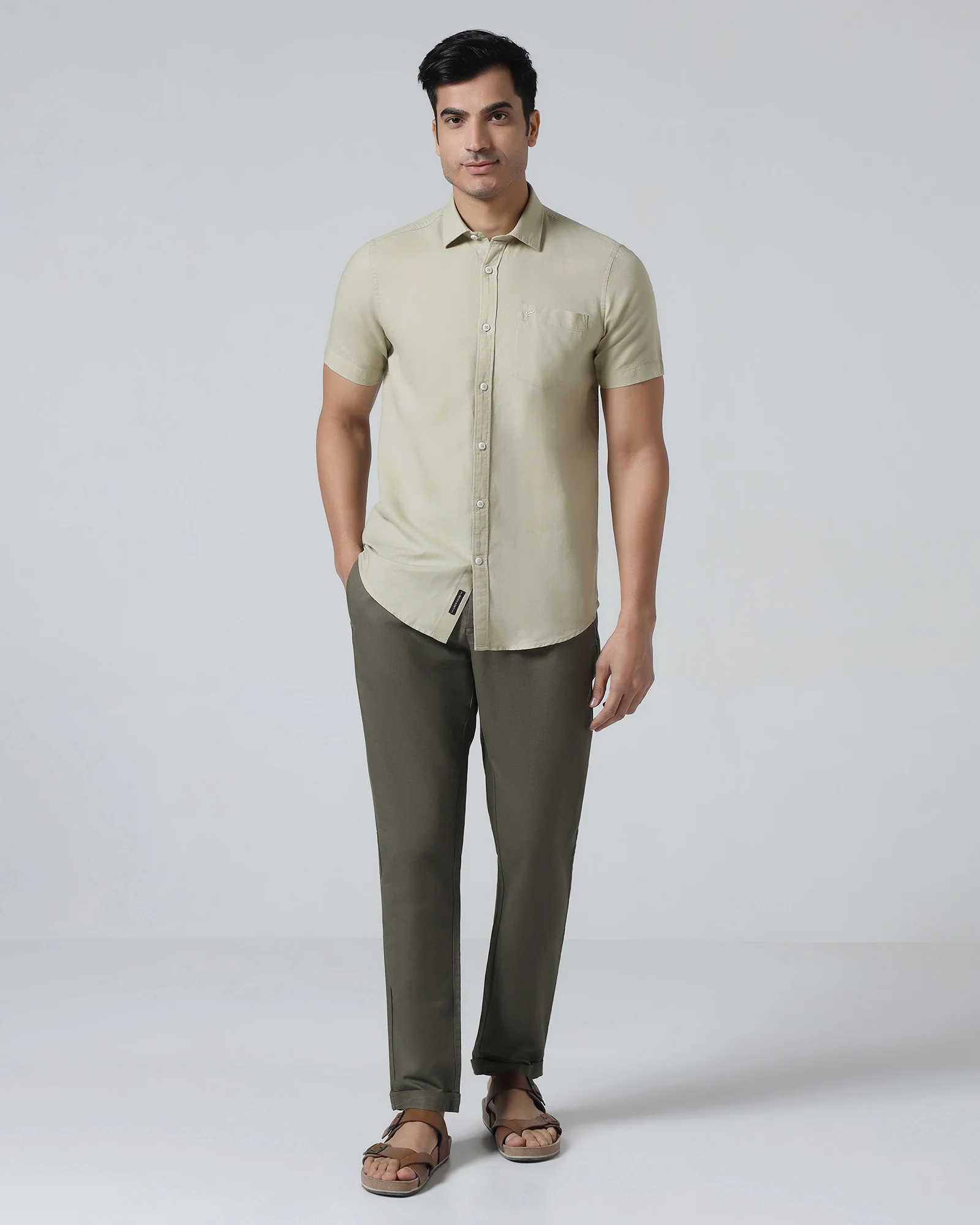 Light Olive Half Sleeve Linen Solid Shirt - Cleo - Image 3