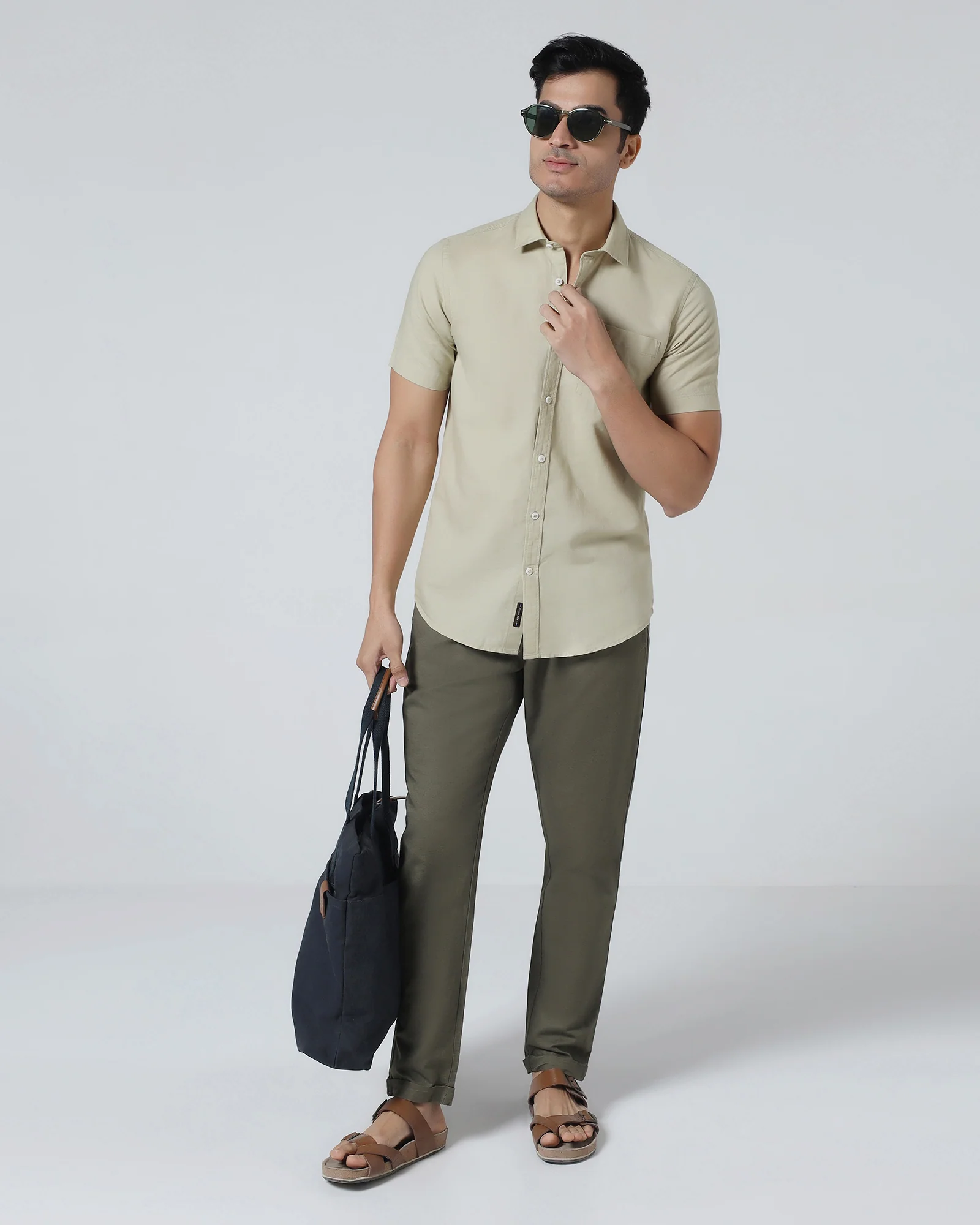 Light Olive Half Sleeve Linen Solid Shirt - Cleo - Image 7