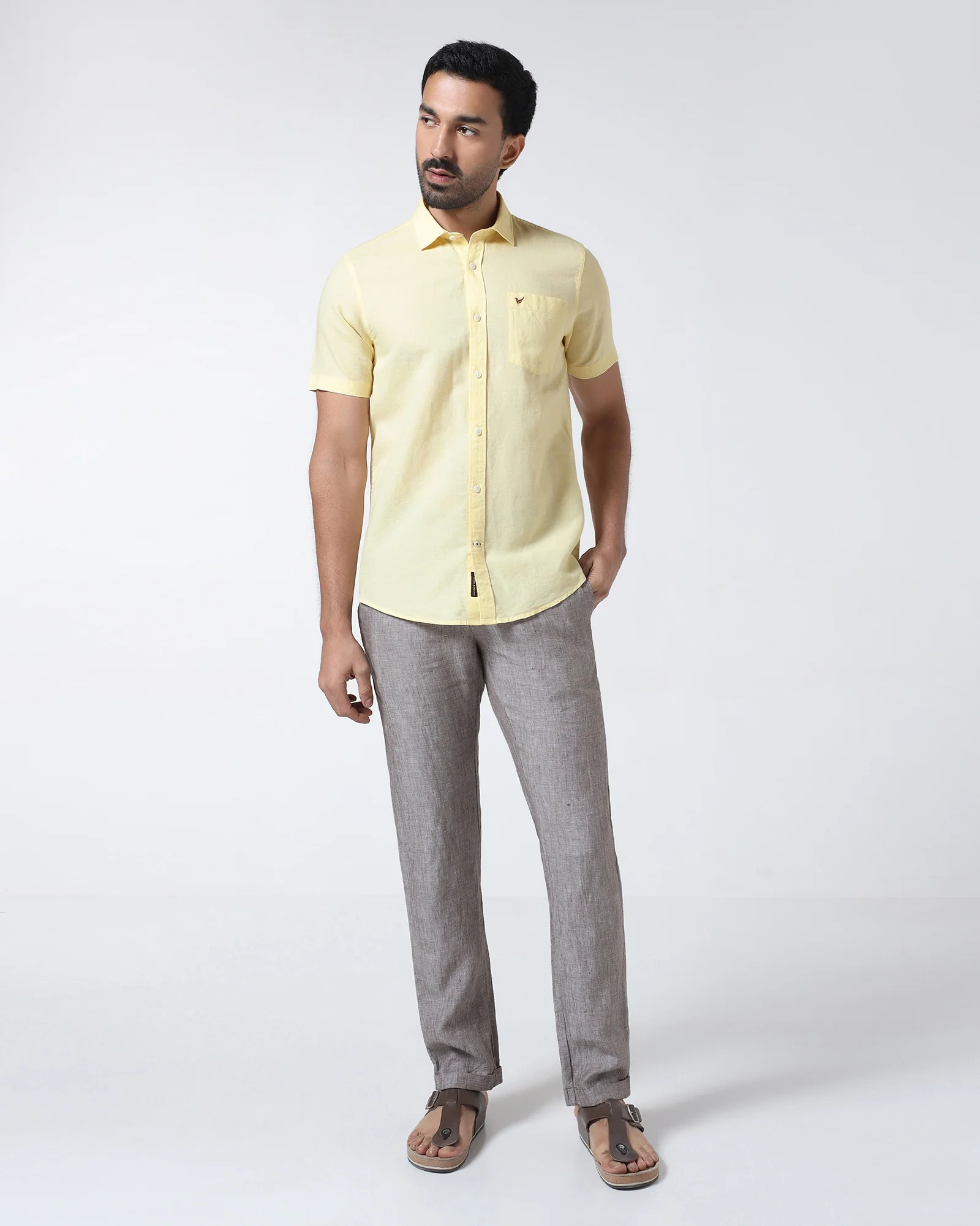 Light Yellow Half Sleeve Linen Solid Shirt - Cleo - Image 3