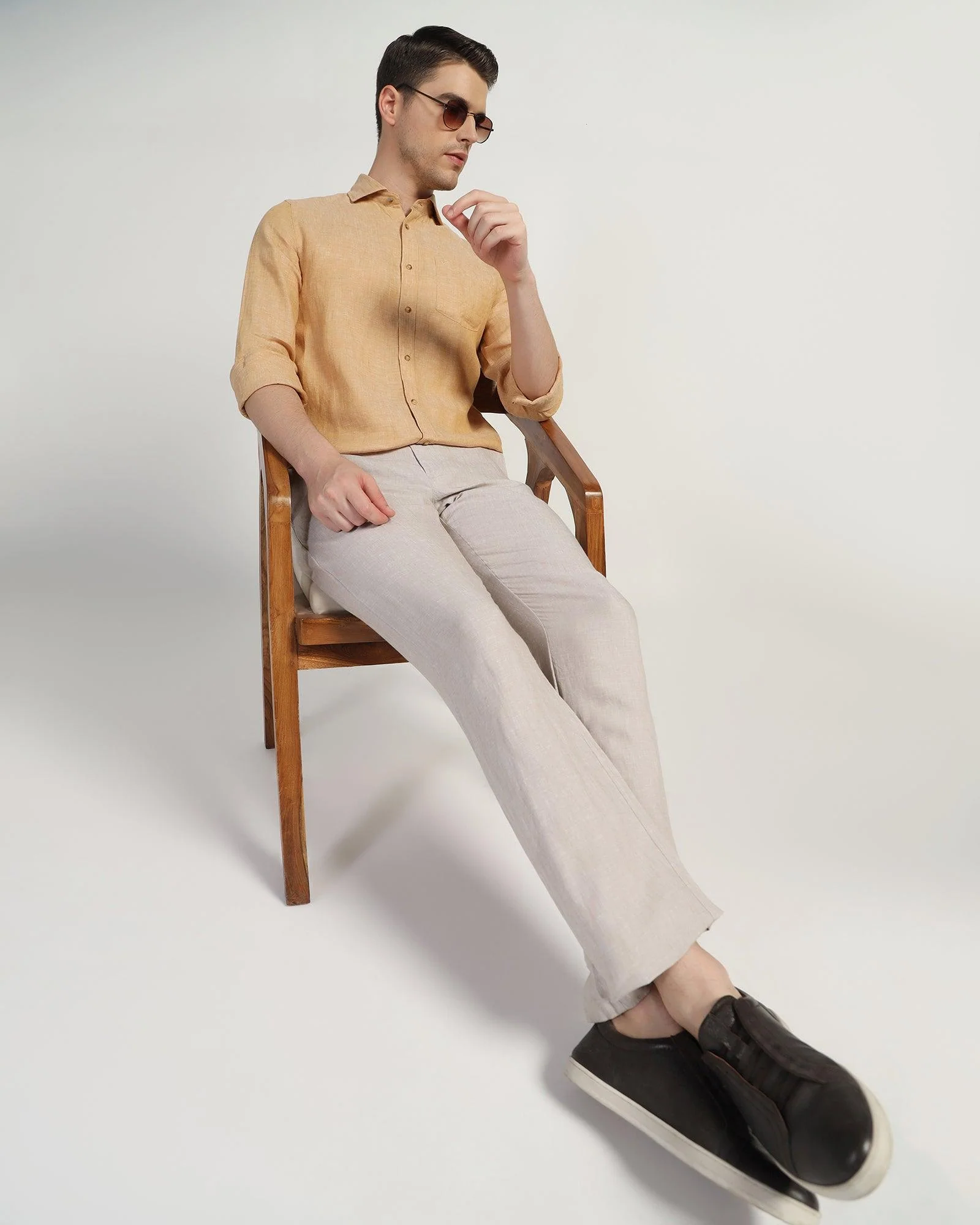 Linen Casual Beige Solid Shirt - Stefan - Image 6