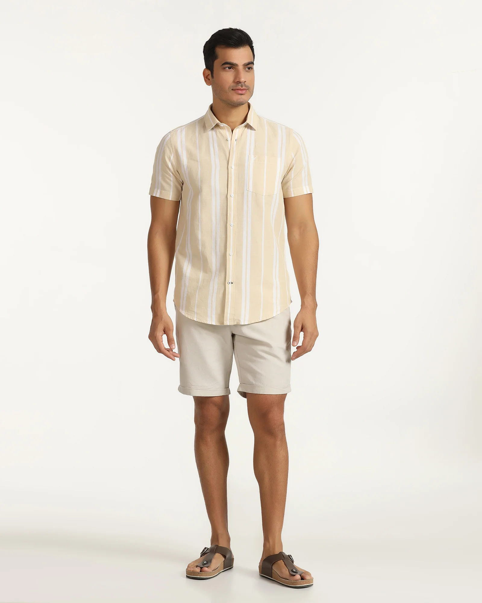 Linen Casual Beige Solid Shorts - Kat