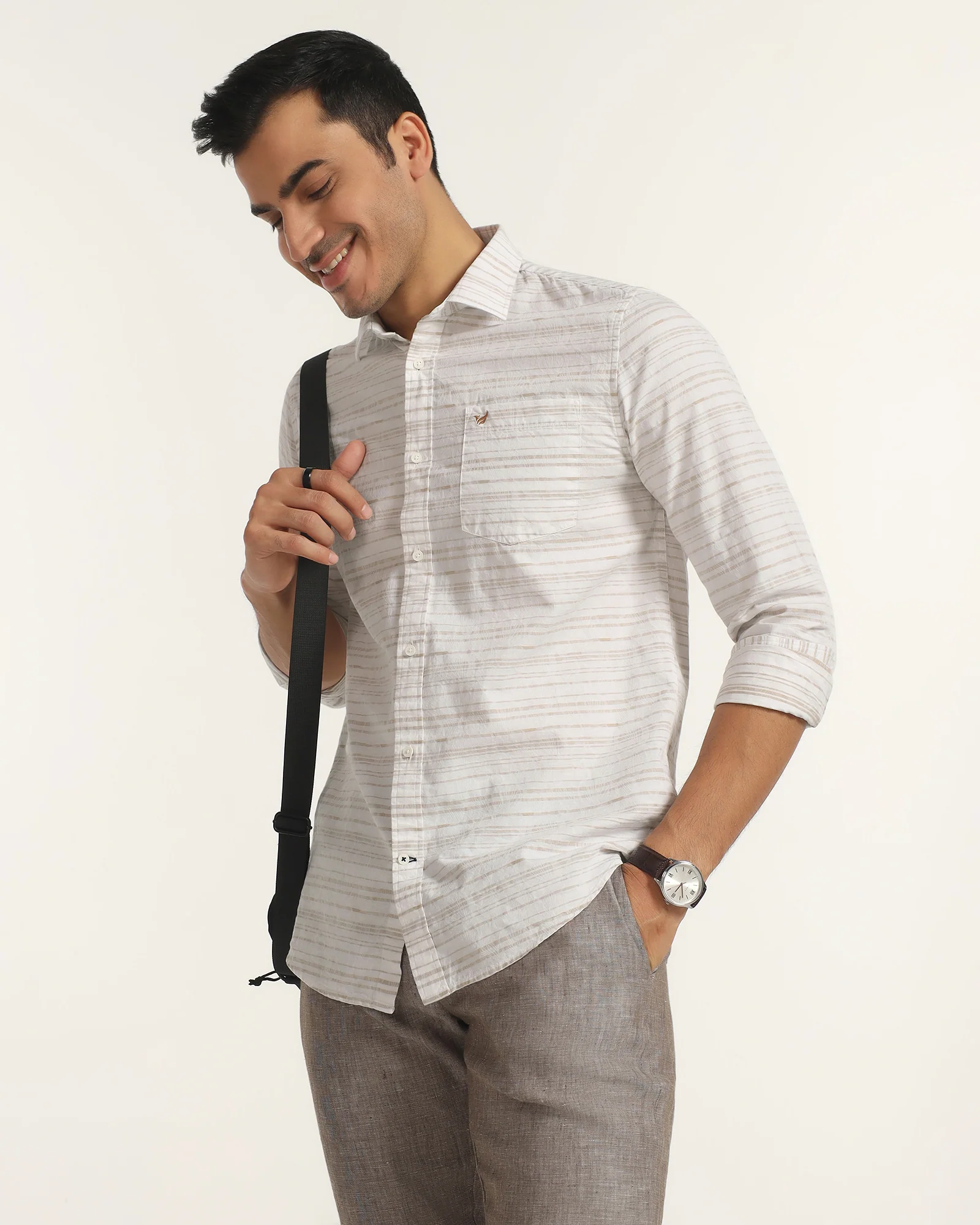 Linen Casual Beige Jacquard Shirt - Daigo