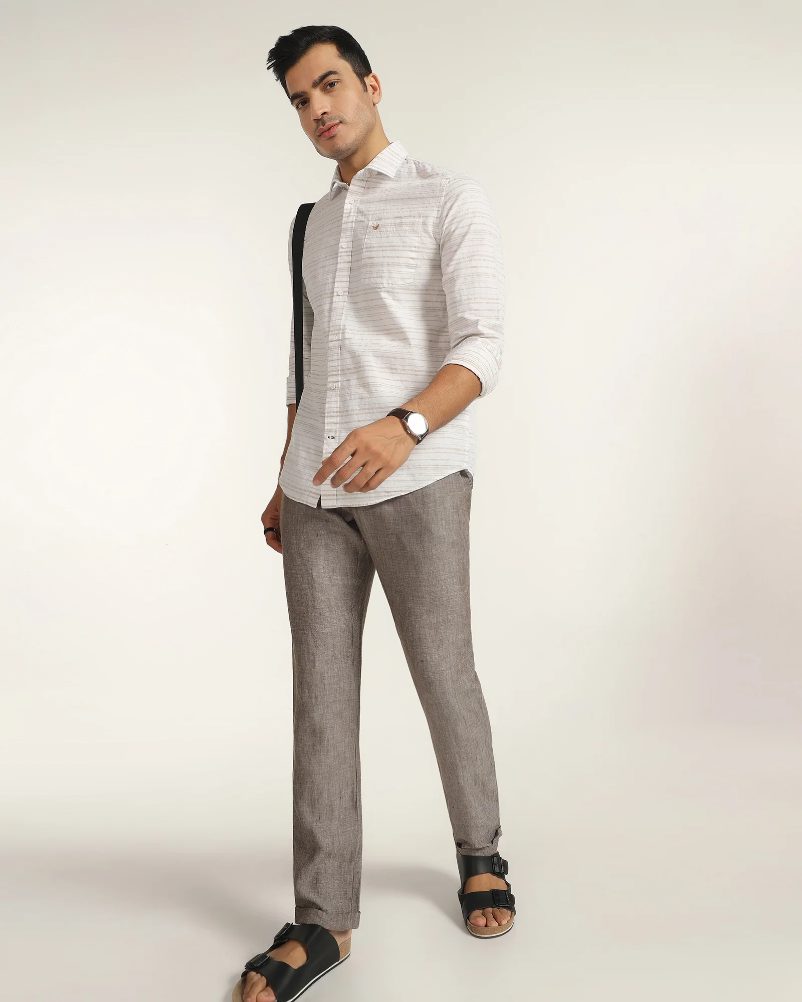 Linen Casual Beige Jacquard Shirt - Daigo - Image 7