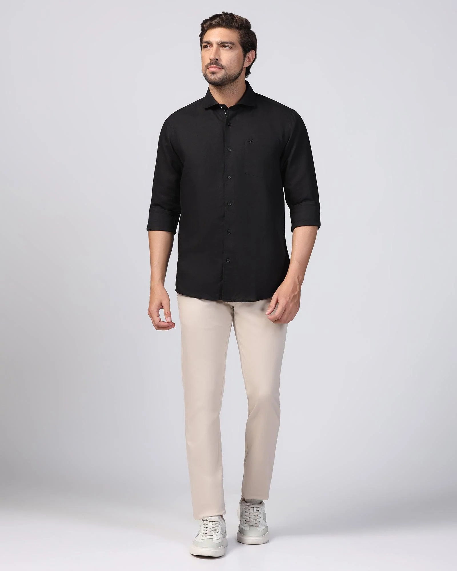 Linen Casual Black Solid Shirt - Salmon - Image 3