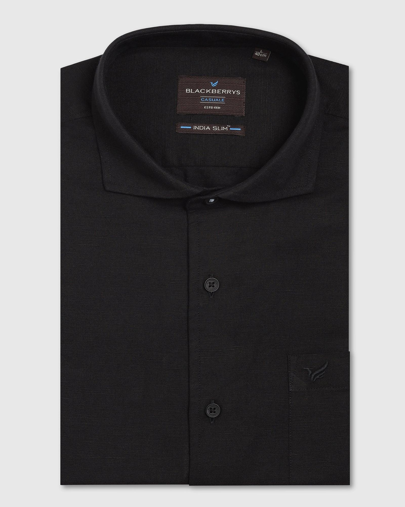 Linen Casual Black Solid Shirt - Salmon - Image 5