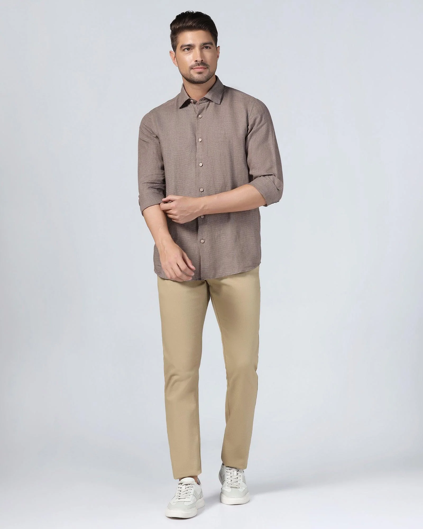 Linen Casual Brown Check Shirt - Connor - Image 3