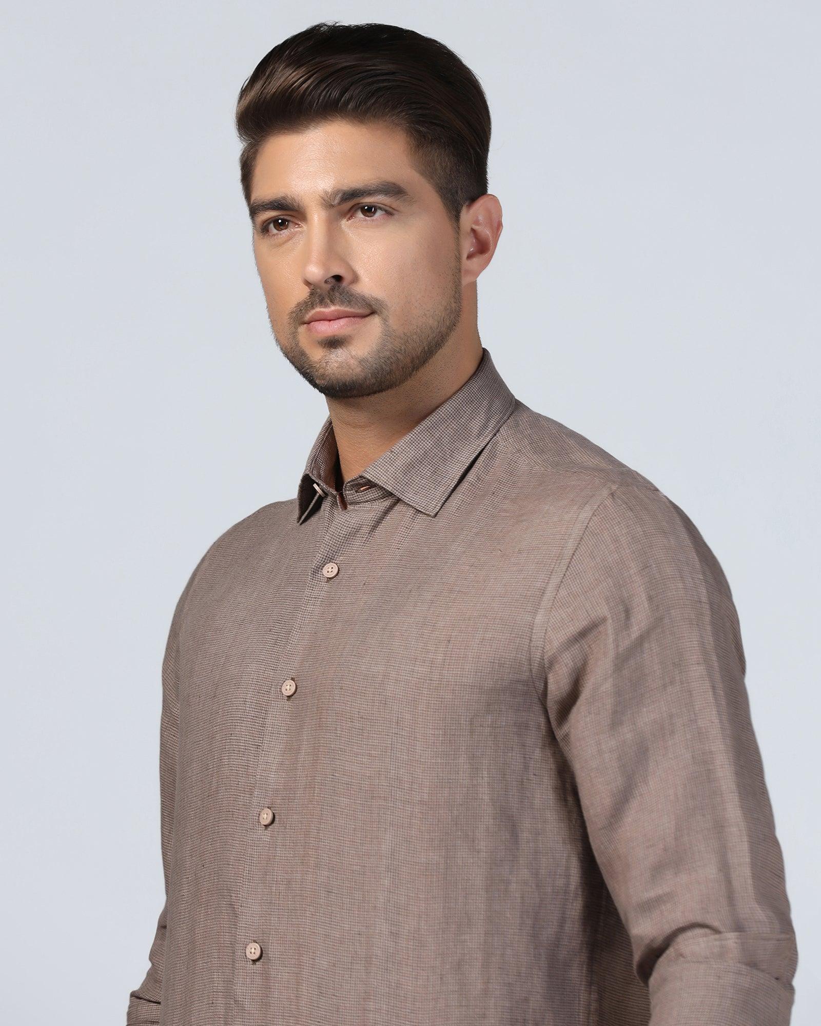 Linen Casual Brown Check Shirt - Connor - Image 4