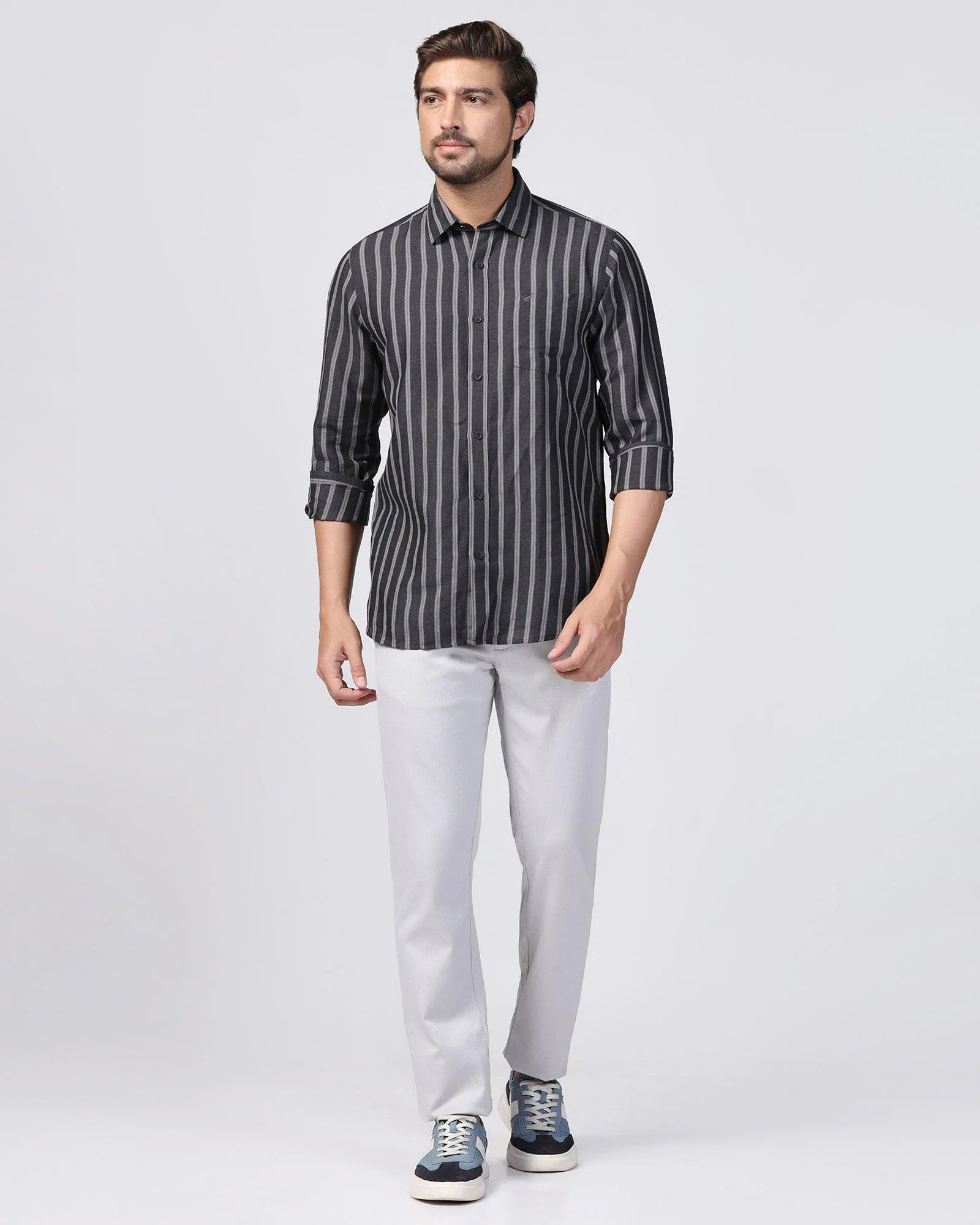 Linen Casual Charcoal Stripe Shirt - Ernest - Image 3