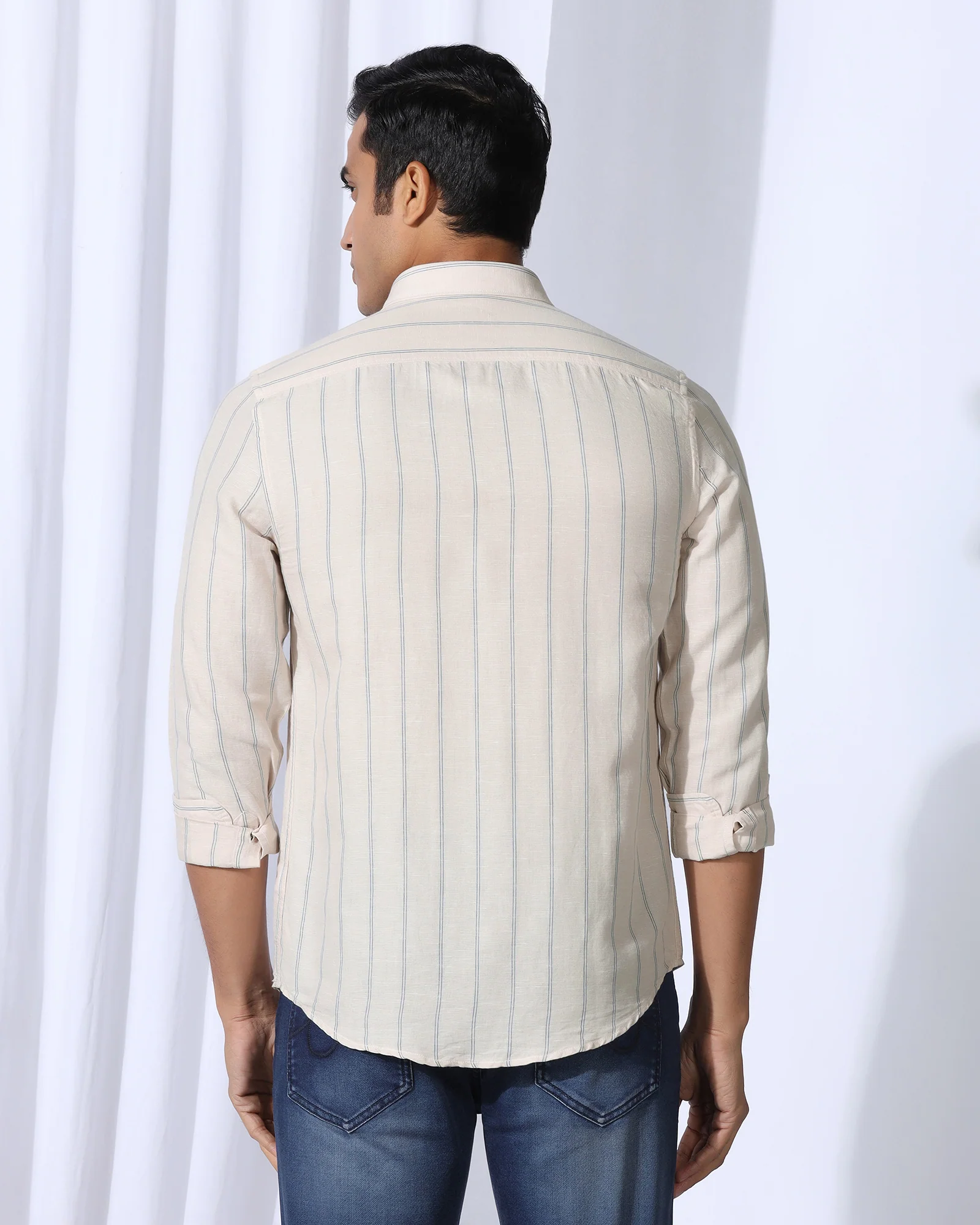 Linen Casual Ecru Stripe Shirt - Darcom - Image 2