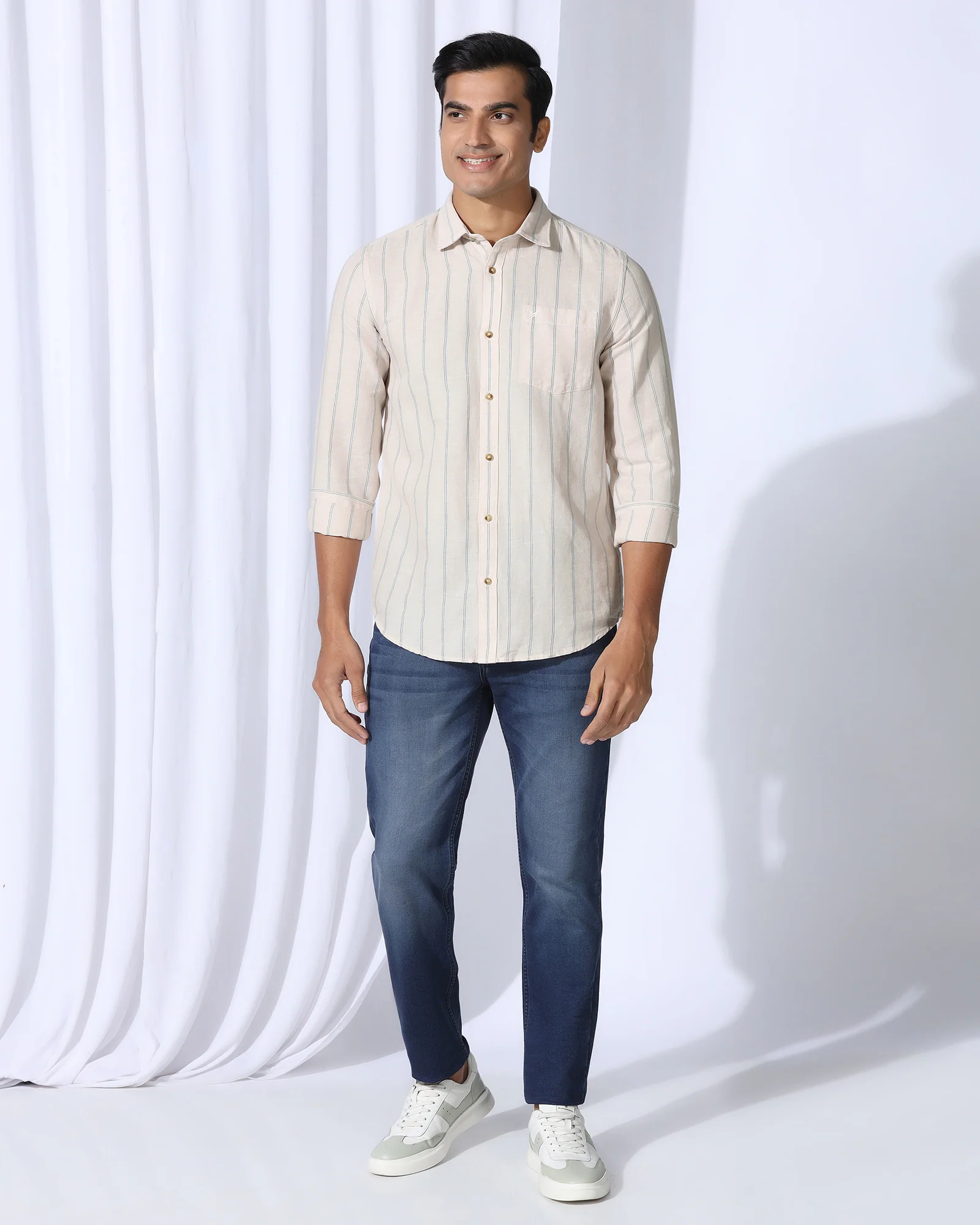 Linen Casual Ecru Stripe Shirt - Darcom - Image 3