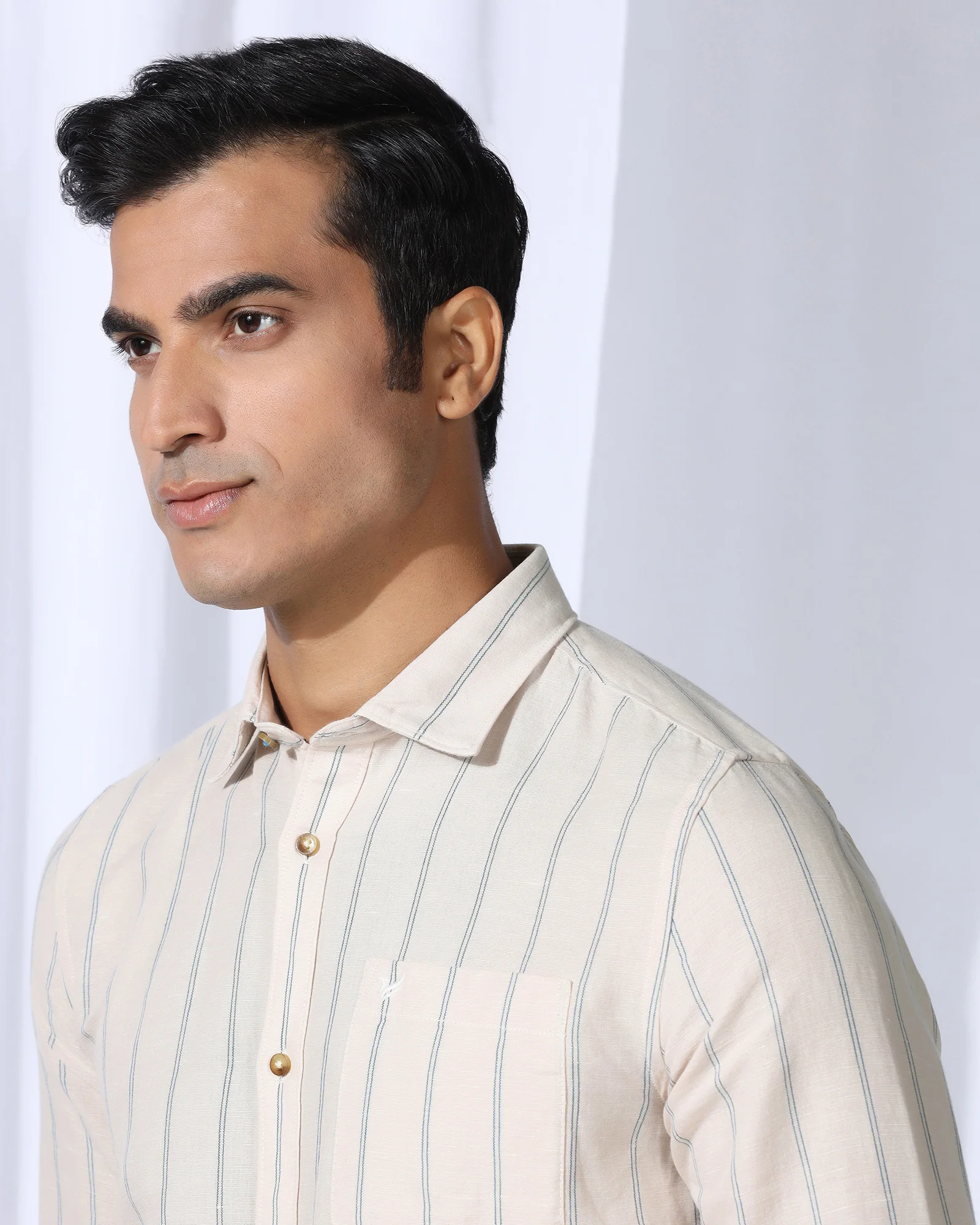Linen Casual Ecru Stripe Shirt - Darcom - Image 4