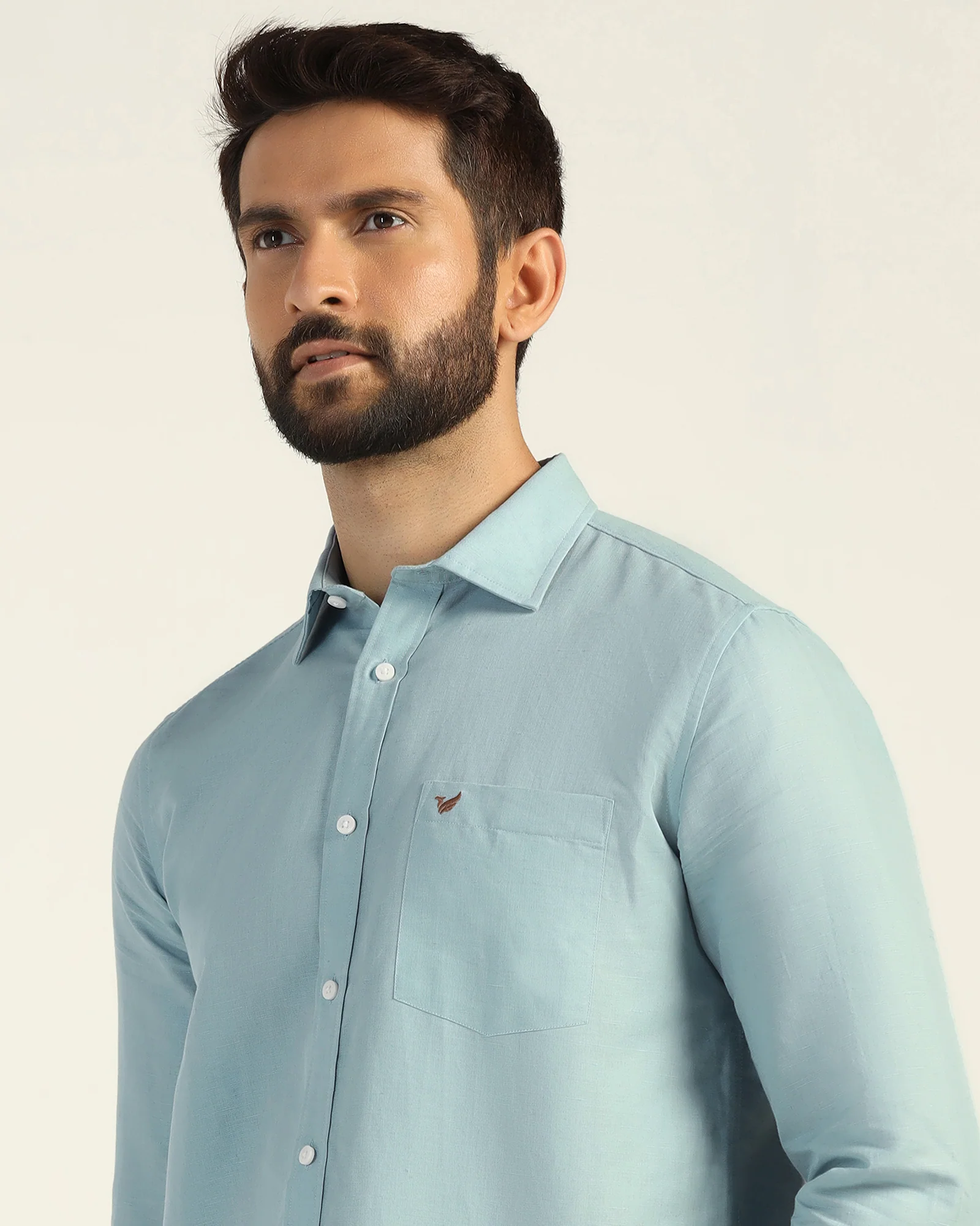 Linen Casual Green Solid Shirt - Salmon - Image 3