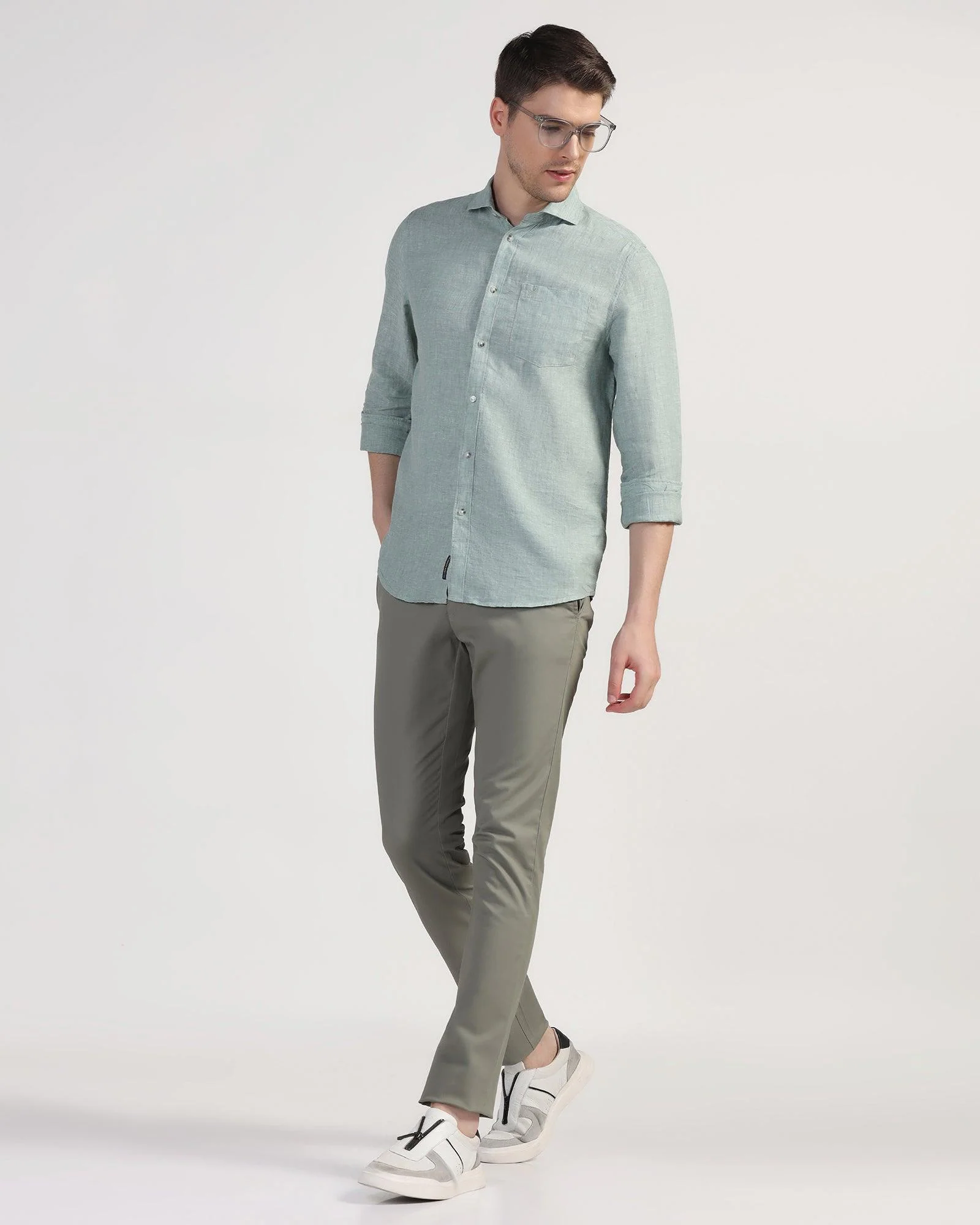 Linen Casual Green Solid Shirt - Stefan - Image 6
