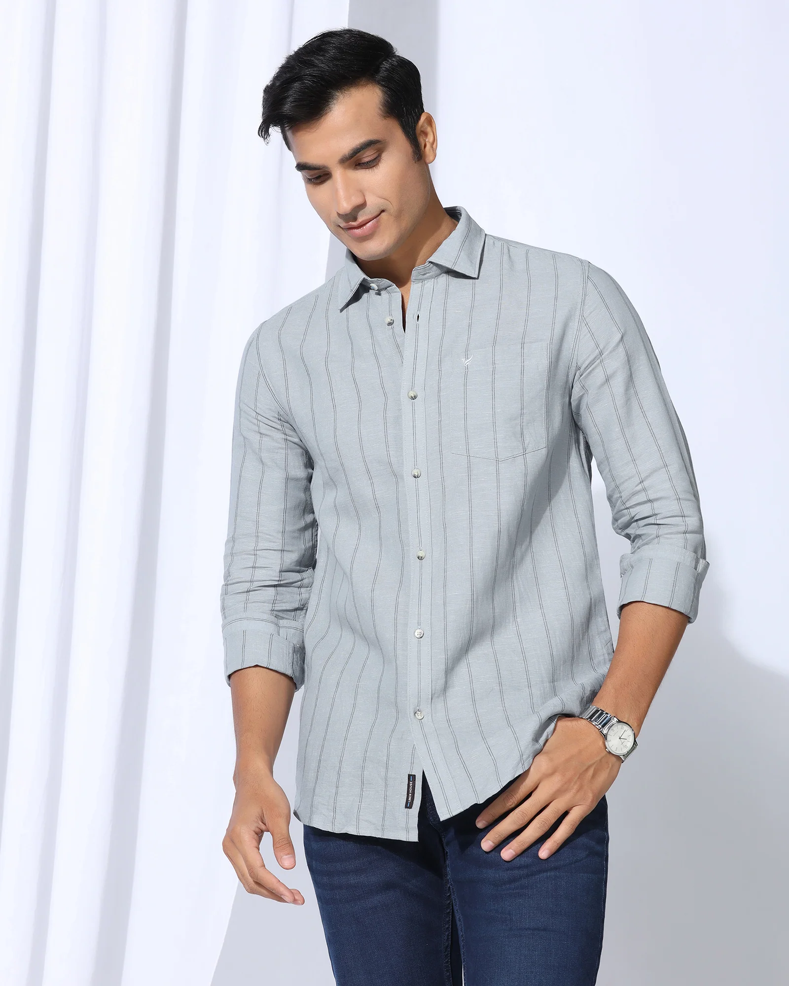 Linen Casual Grey Stripe Shirt - Darcom - Image 7