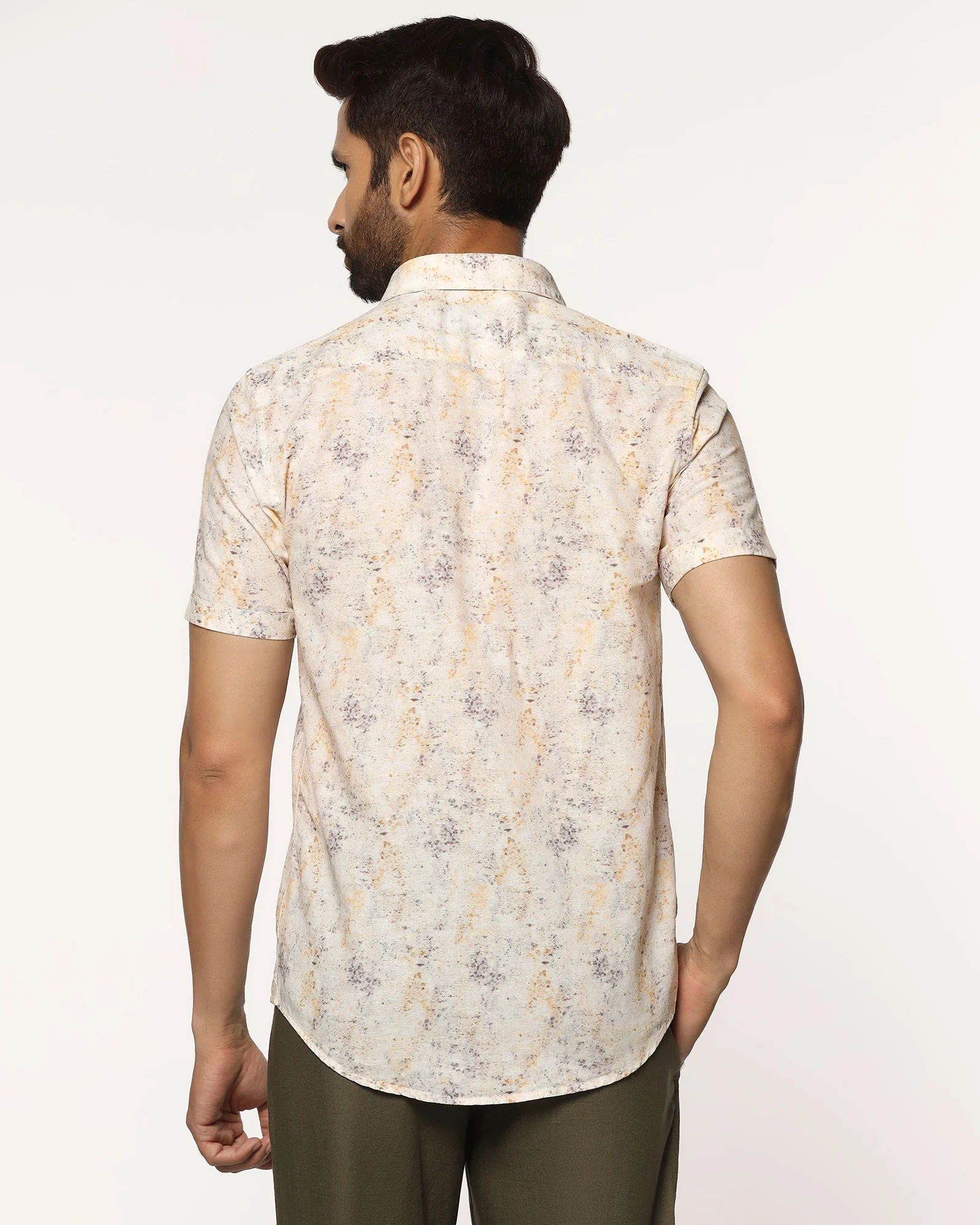 Linen Casual Half Sleeve Beige Printed Shirt - Gabin - Image 2