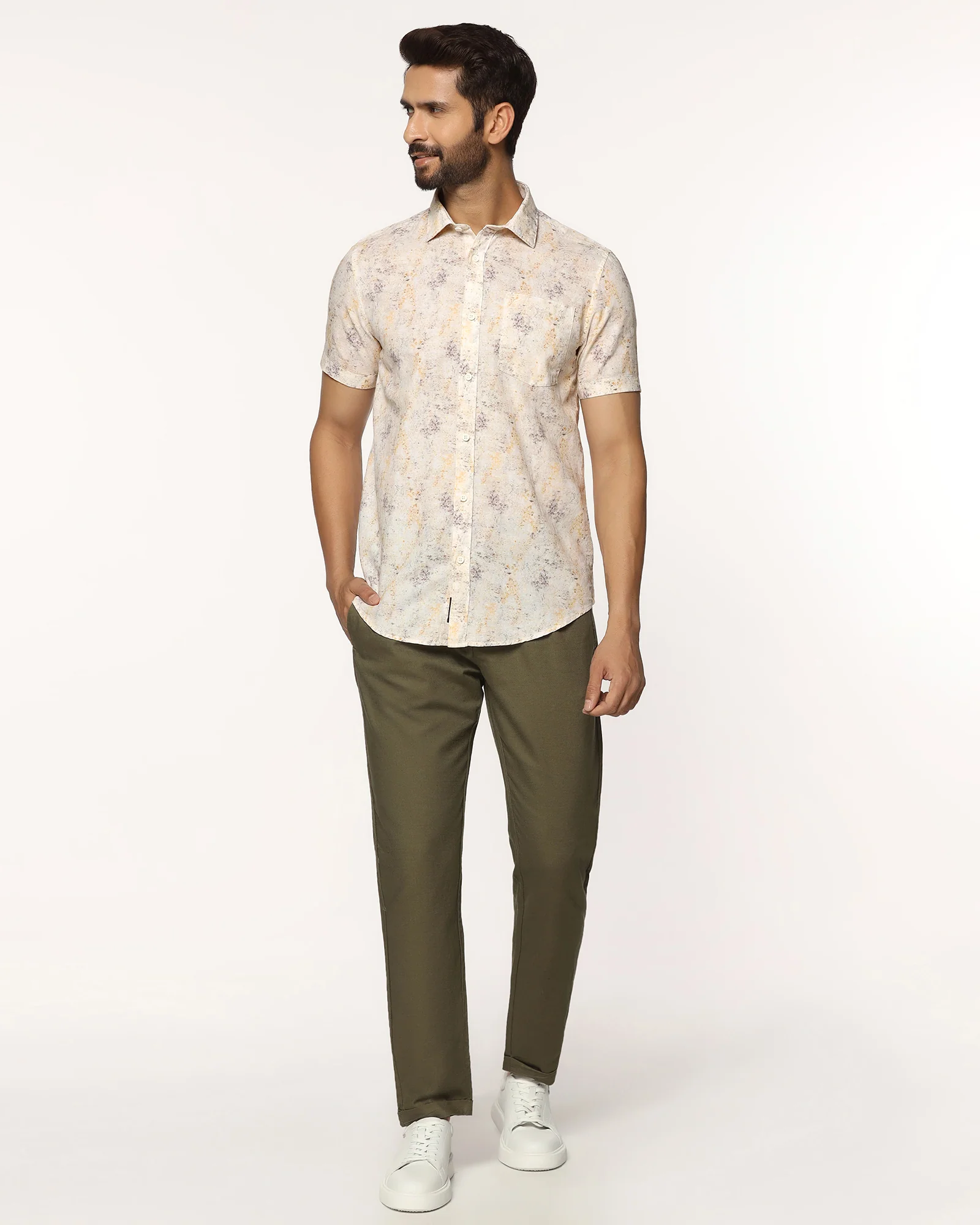 Linen Casual Half Sleeve Beige Printed Shirt - Gabin - Image 3
