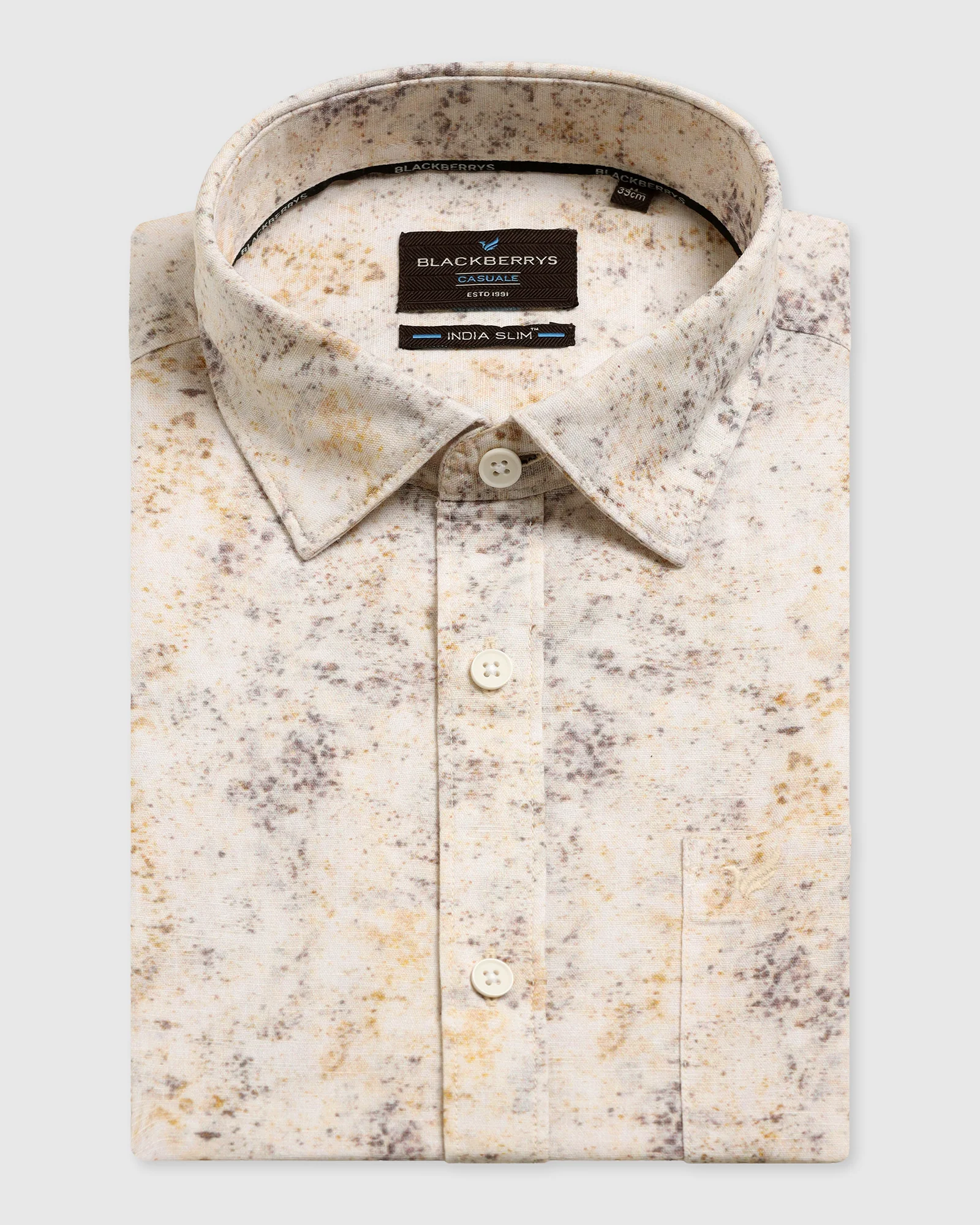 Linen Casual Half Sleeve Beige Printed Shirt - Gabin - Image 5