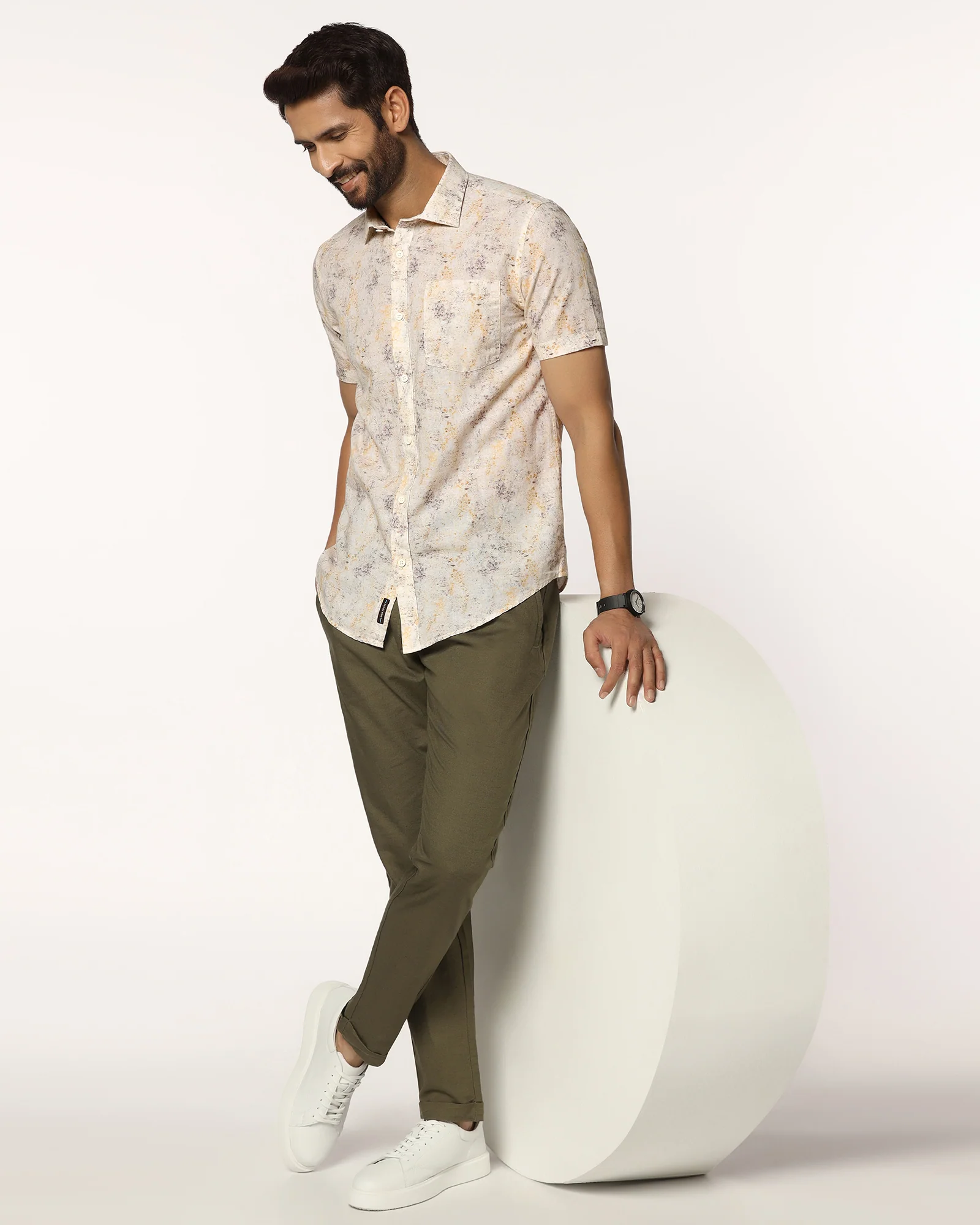 Linen Casual Half Sleeve Beige Printed Shirt - Gabin - Image 7
