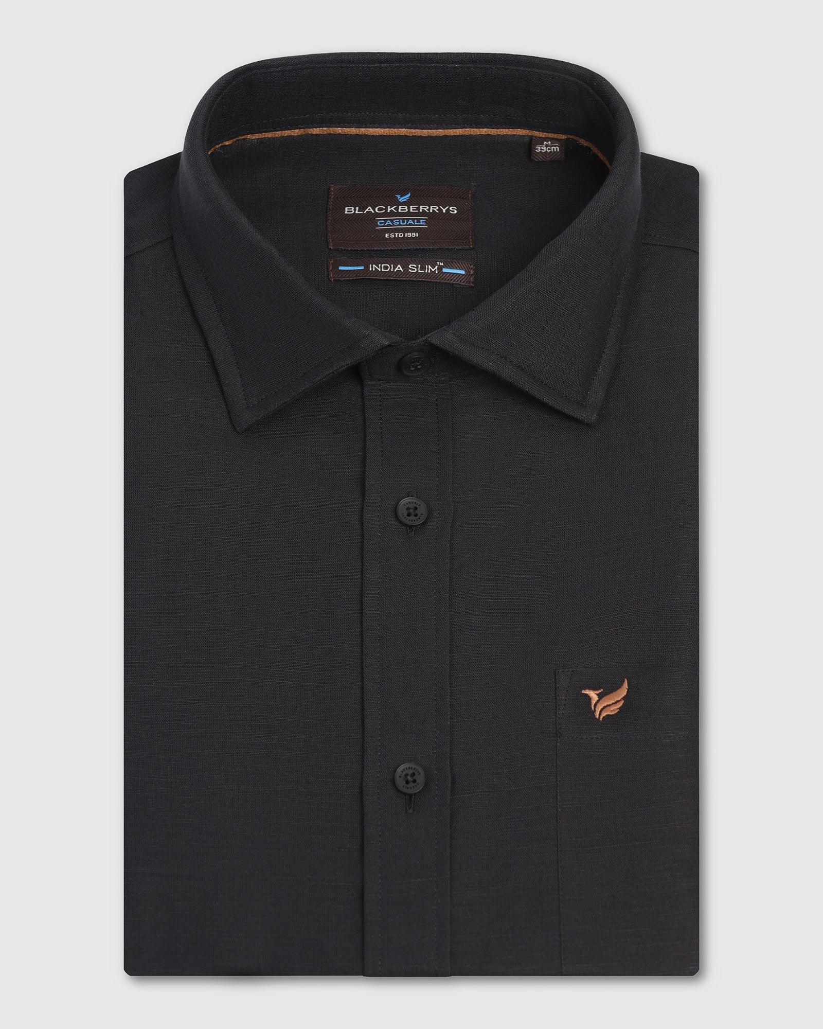 Linen Casual Half Sleeve Black Solid Shirt - salmon - Image 5