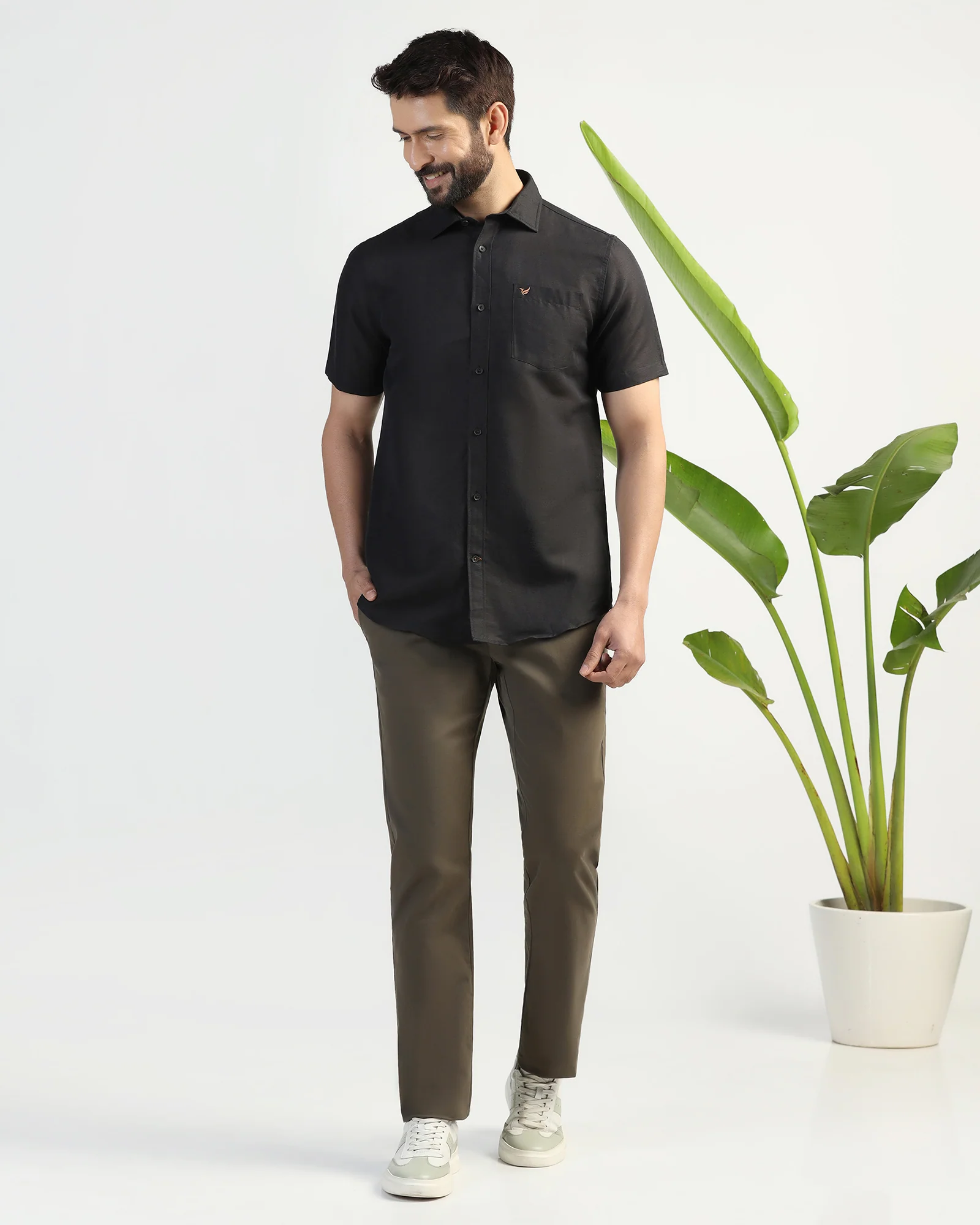 Linen Casual Half Sleeve Black Solid Shirt - salmon - Image 8
