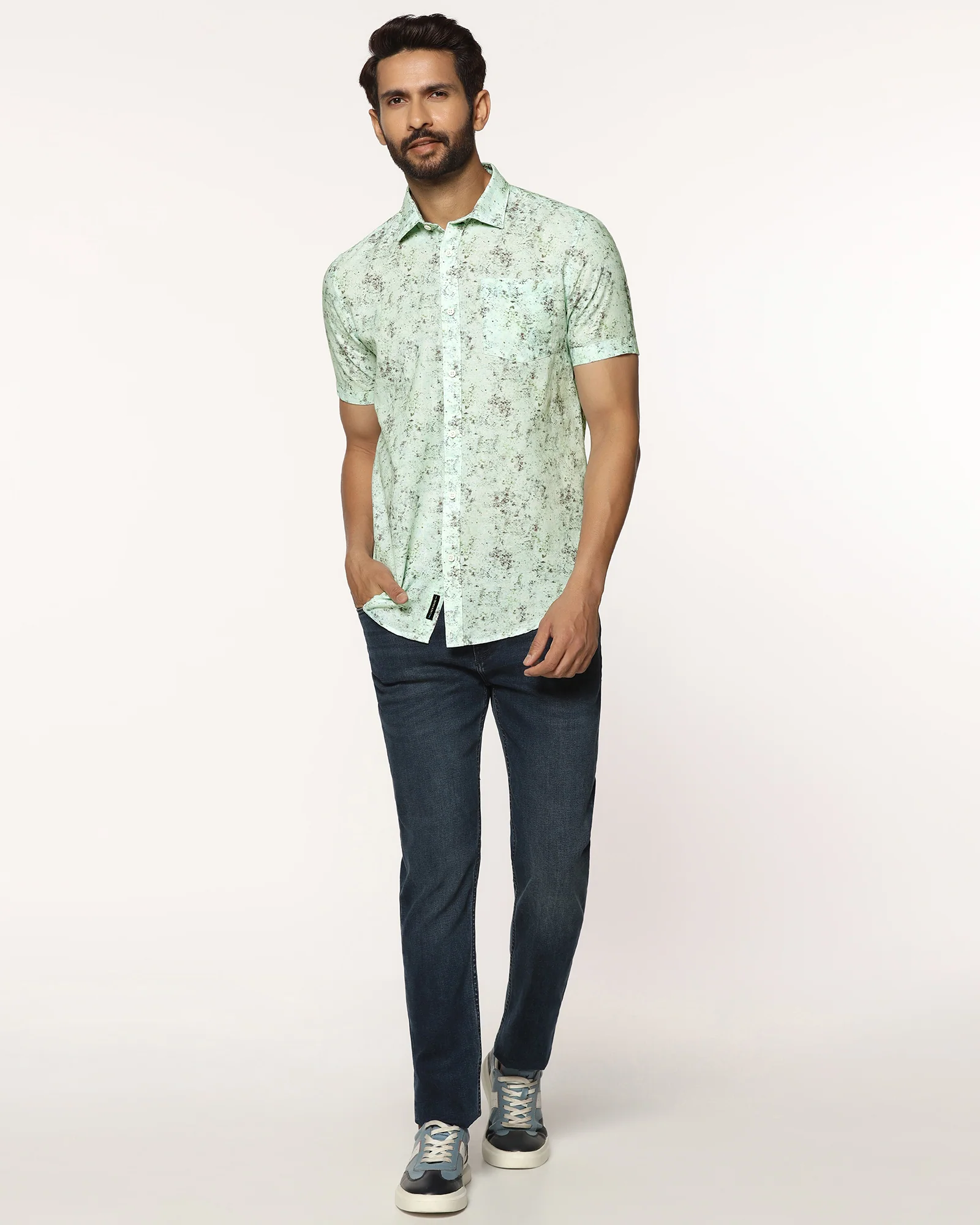Linen Casual Half Sleeve Grey Printed Shirt - Gabin - Image 3