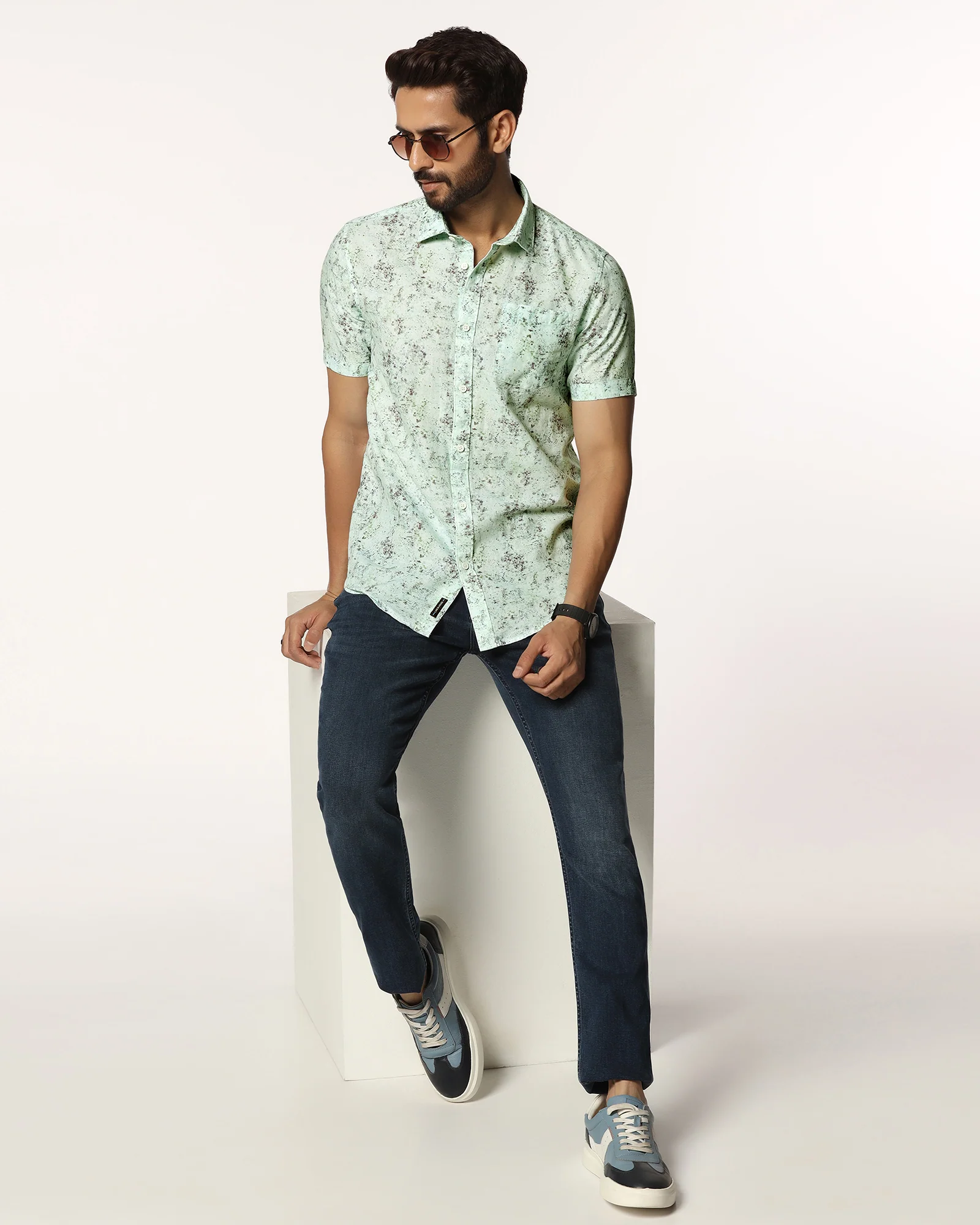 Linen Casual Half Sleeve Grey Printed Shirt - Gabin - Image 7