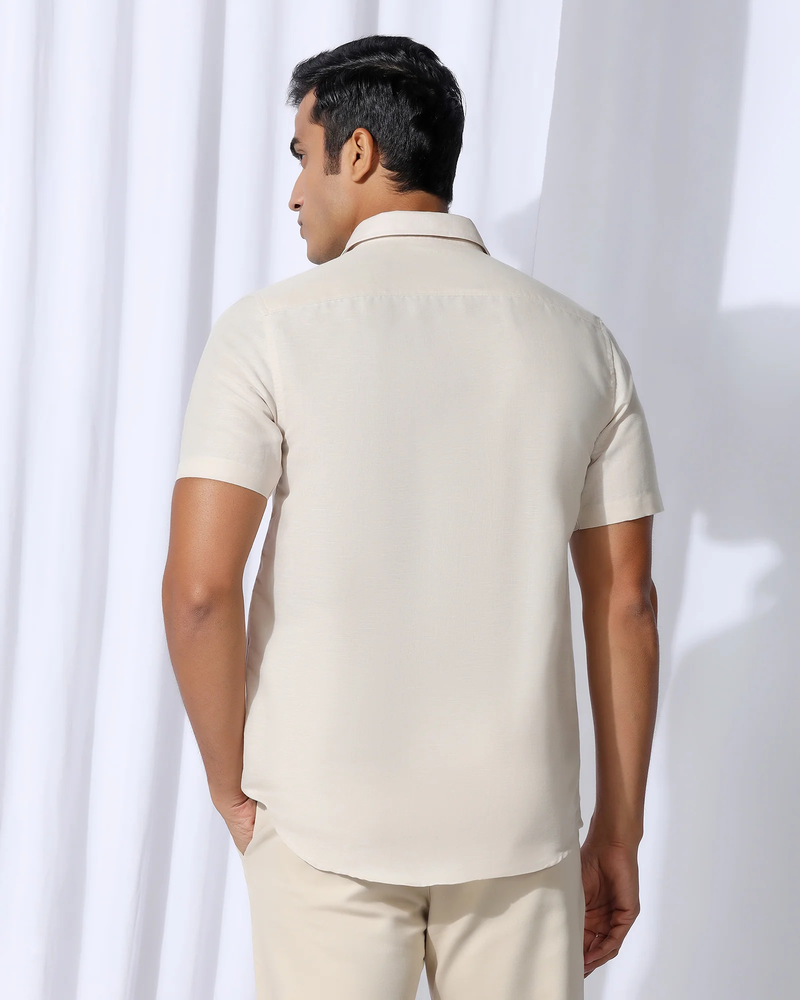 Linen Casual Half Sleeve Natural Solid Shirt - Salmon - Image 2