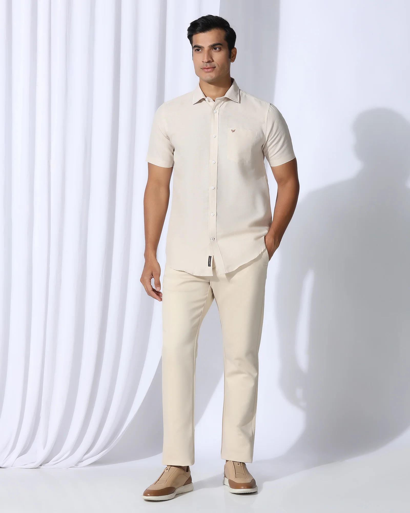 Linen Casual Half Sleeve Natural Solid Shirt - Salmon - Image 8