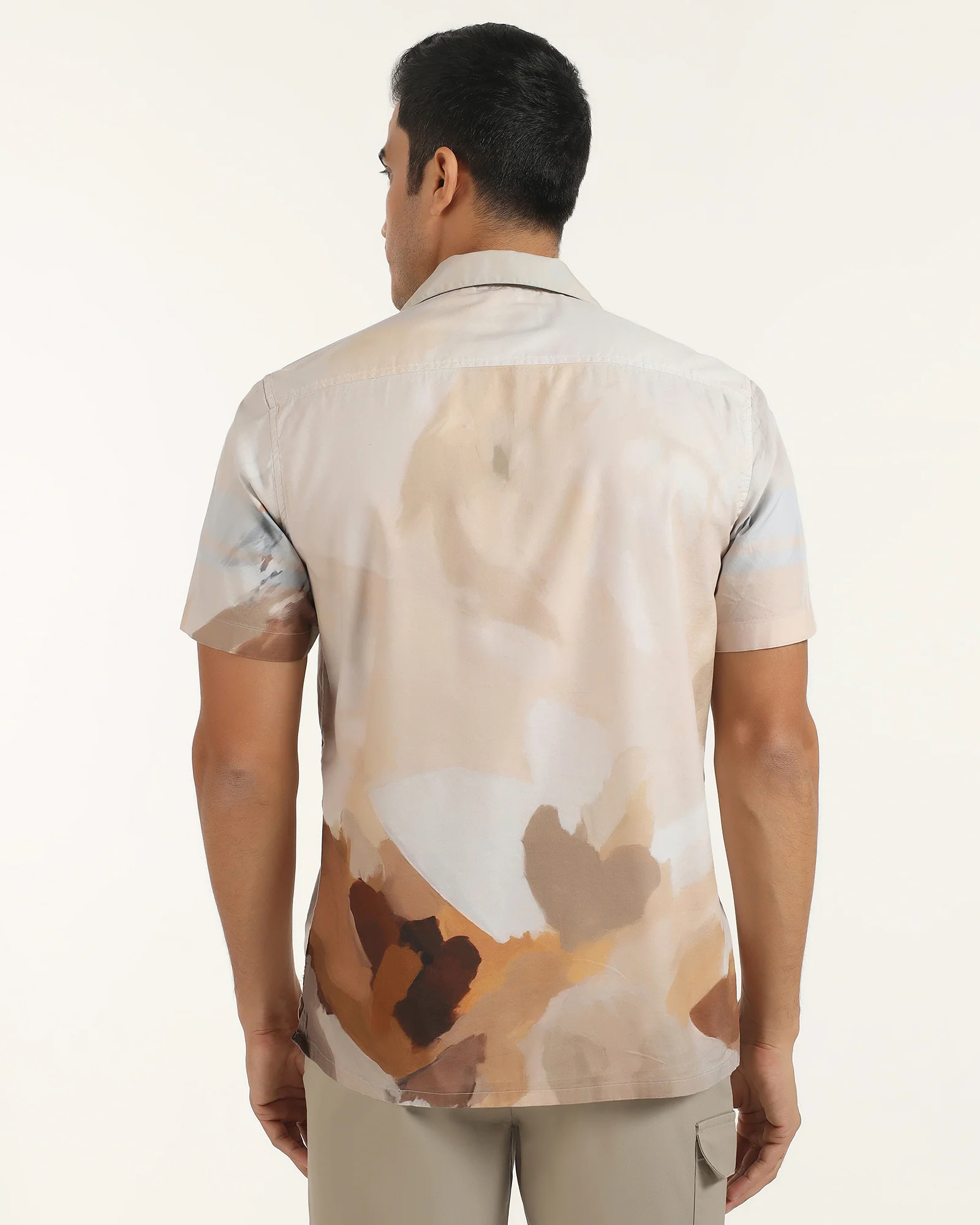 Linen Casual Half Sleeve Ochre Printed Shirt - Avery - Image 2