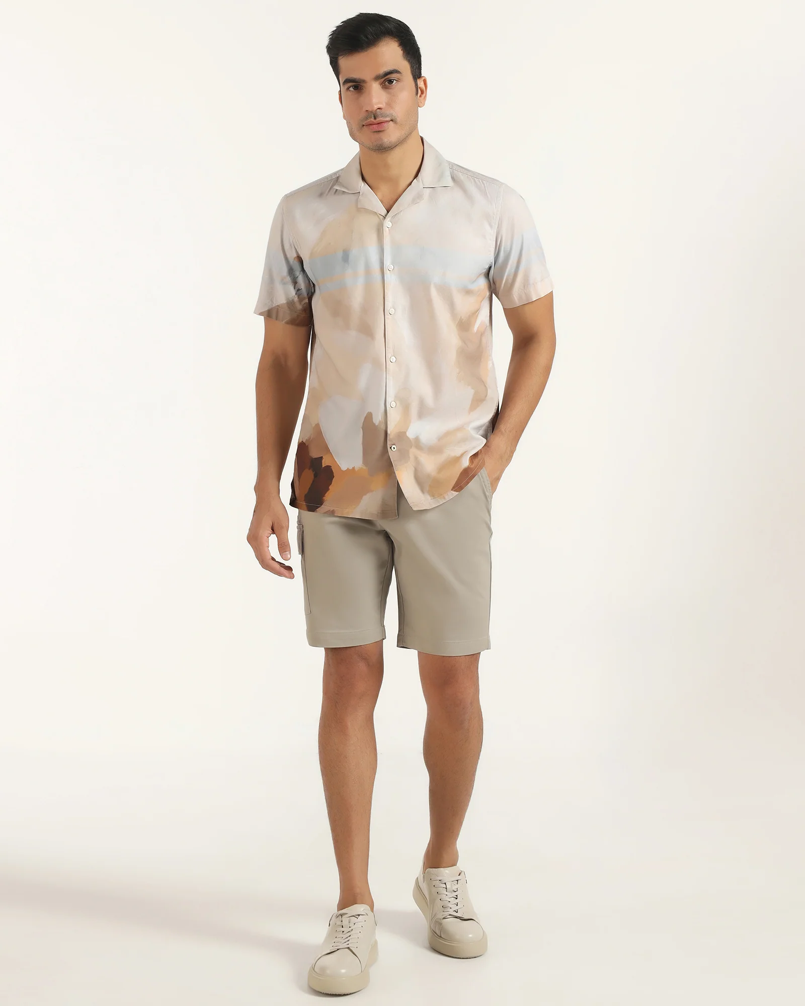 Linen Casual Half Sleeve Ochre Printed Shirt - Avery - Image 3