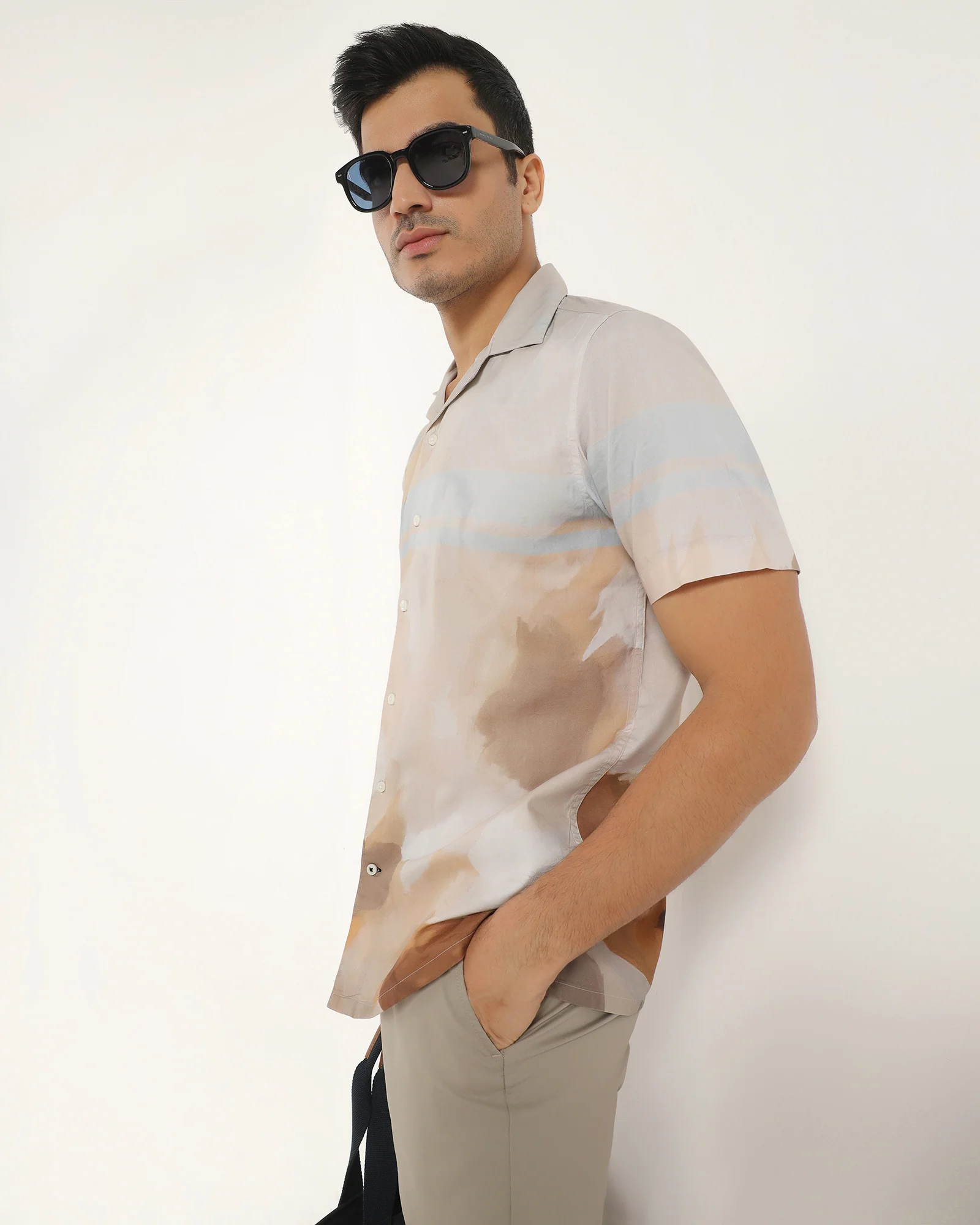 Linen Casual Half Sleeve Ochre Printed Shirt - Avery - Image 9