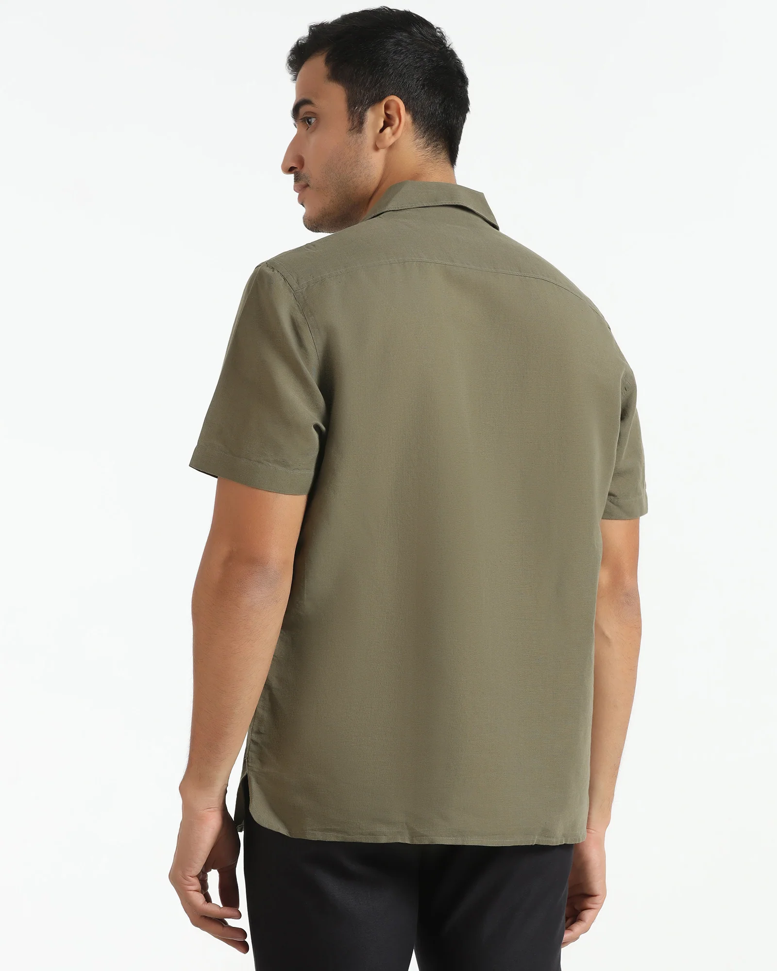 Olive Linen Half Sleeve Solid Shirt - Maison - Image 2