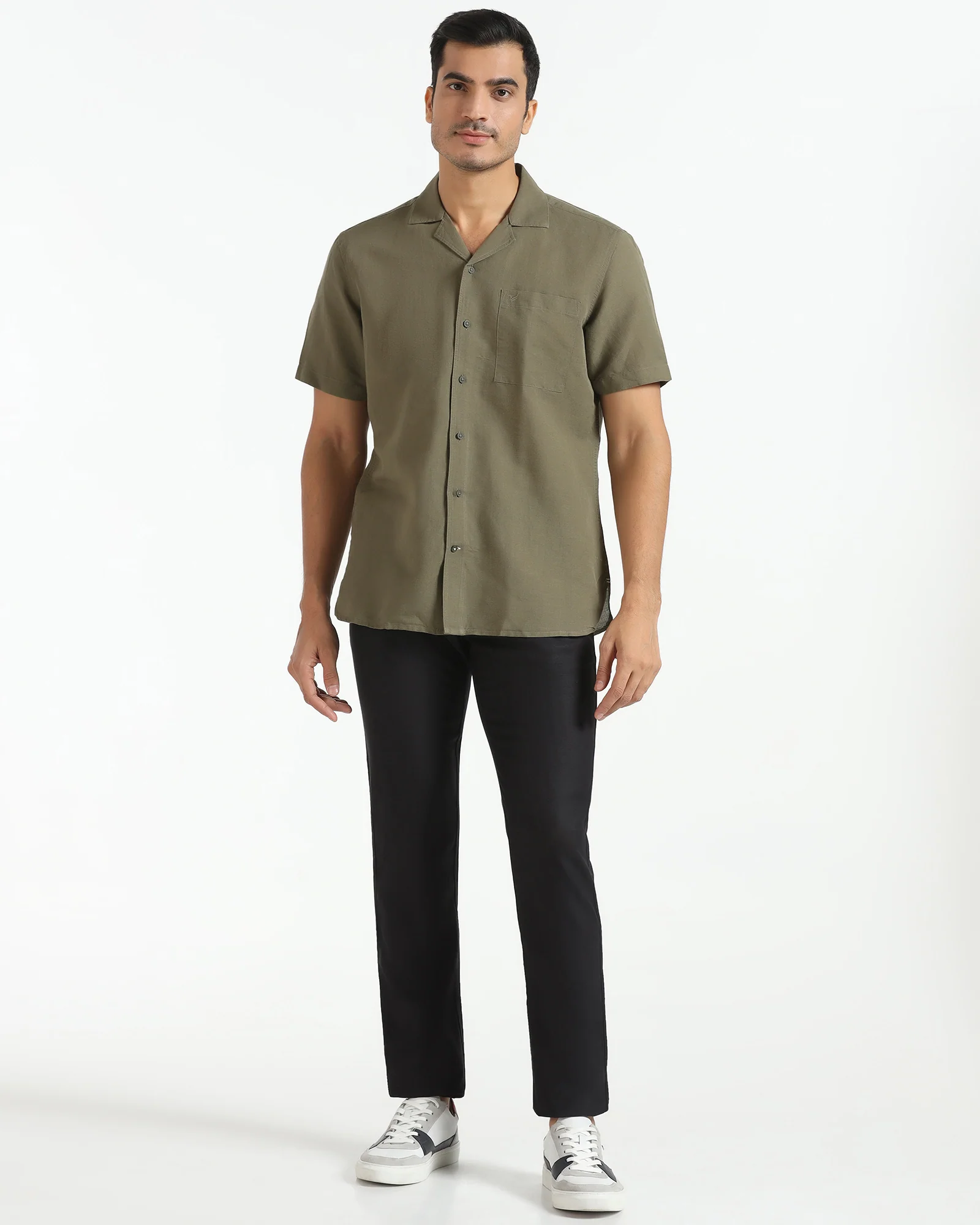 Olive Linen Half Sleeve Solid Shirt - Maison - Image 3