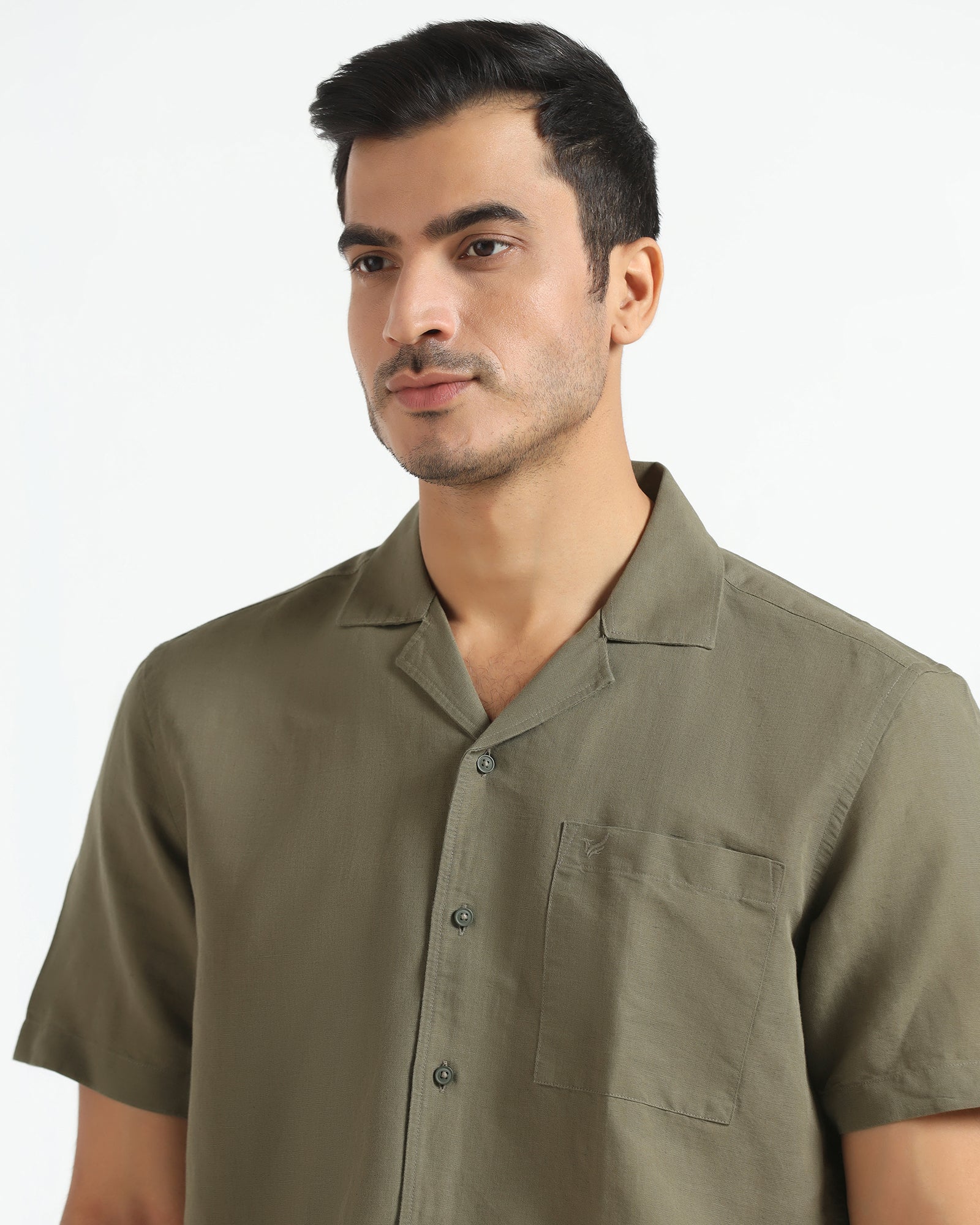 Olive Linen Half Sleeve Solid Shirt - Maison - Image 4