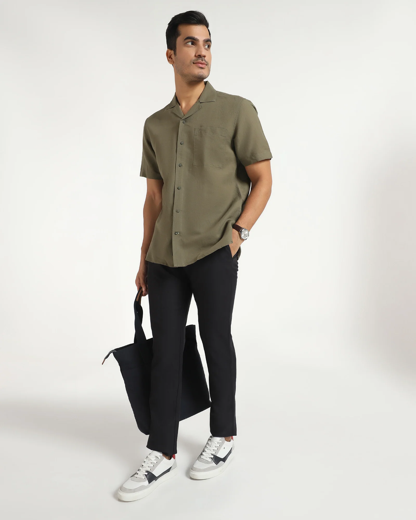 Olive Linen Half Sleeve Solid Shirt - Maison - Image 7