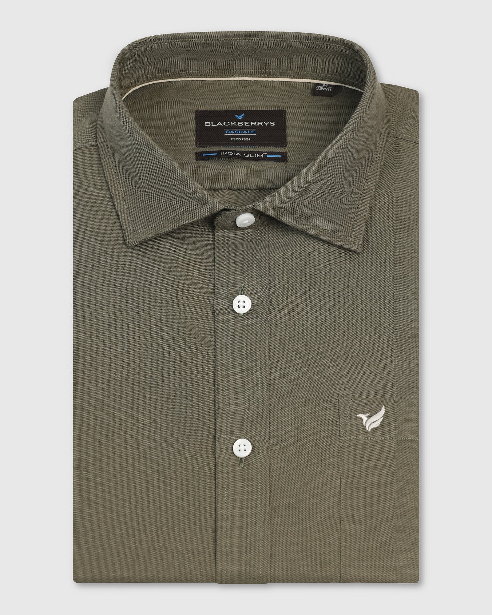 Linen Casual Half Sleeve Olive Solid Shirt - Salmon - Image 5