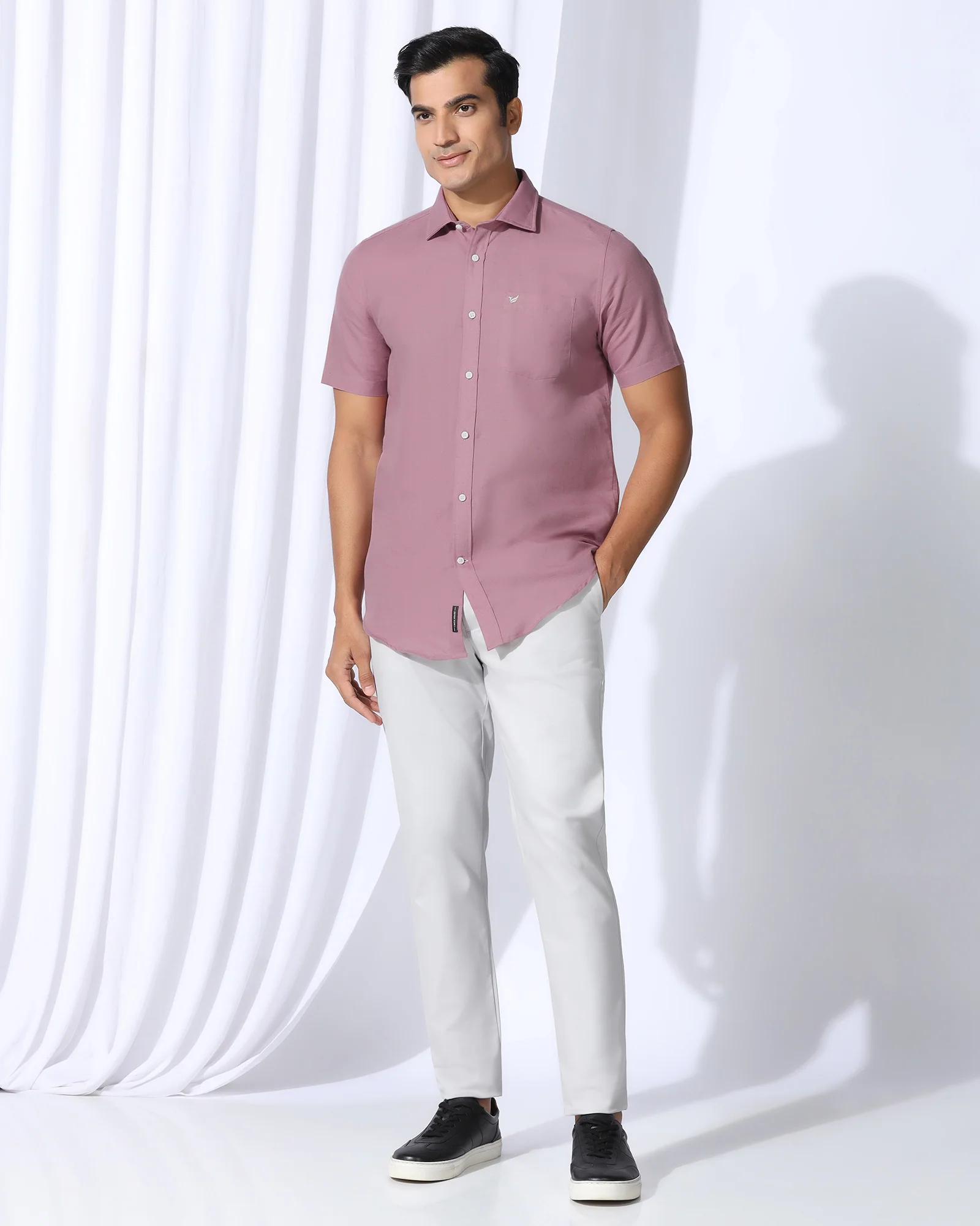 Linen Casual Half Sleeve Pink Solid Shirt - Salmon - Image 4