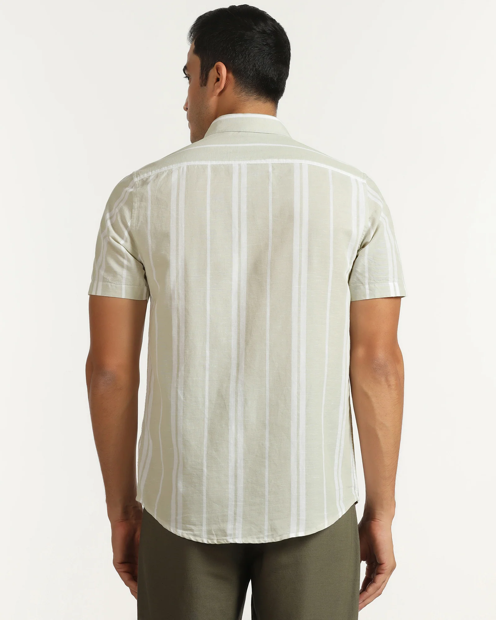Linen Casual Half Sleeve Pistachio Stripe Shirt - breton - Image 2
