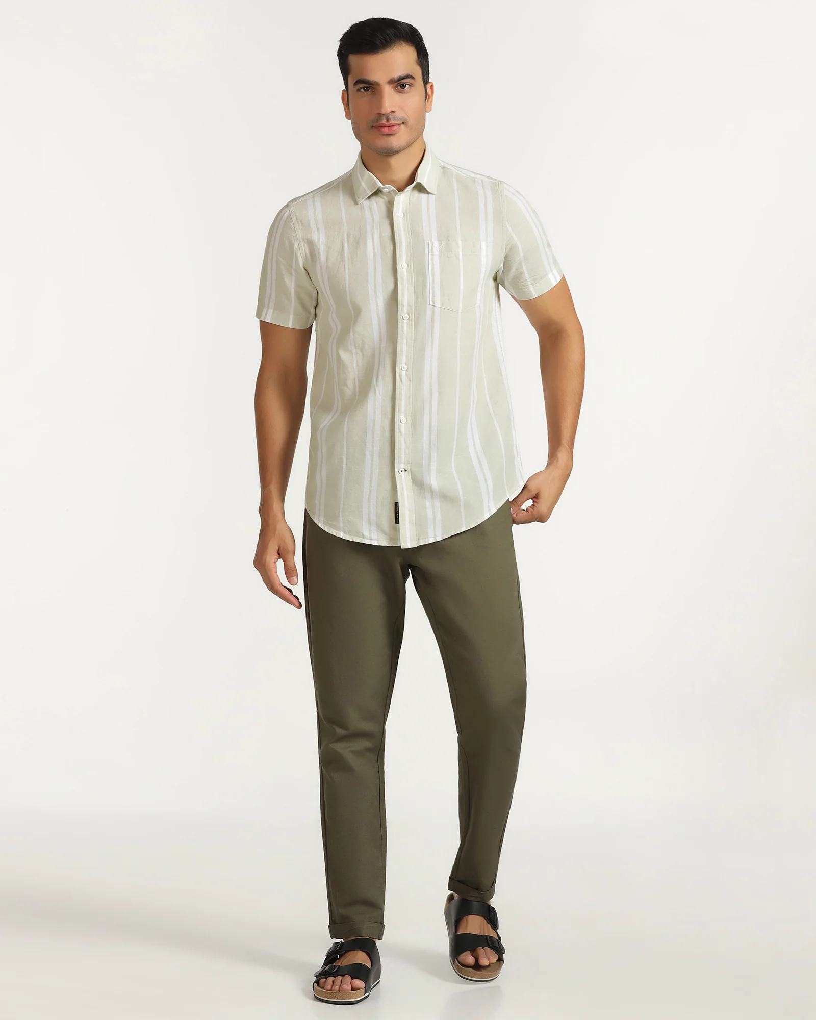 Linen Casual Half Sleeve Pistachio Stripe Shirt - breton - Image 3