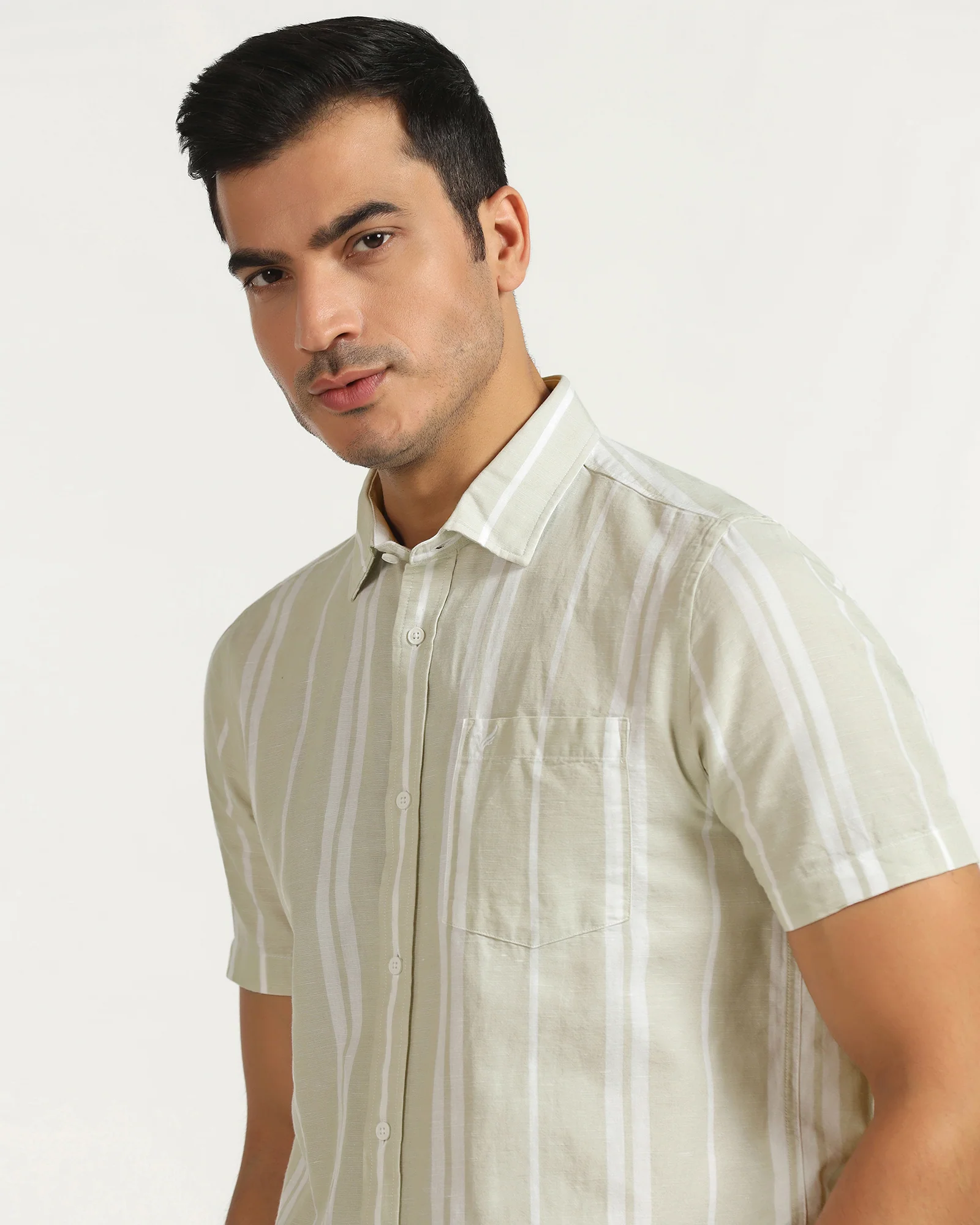 Linen Casual Half Sleeve Pistachio Stripe Shirt - breton - Image 4