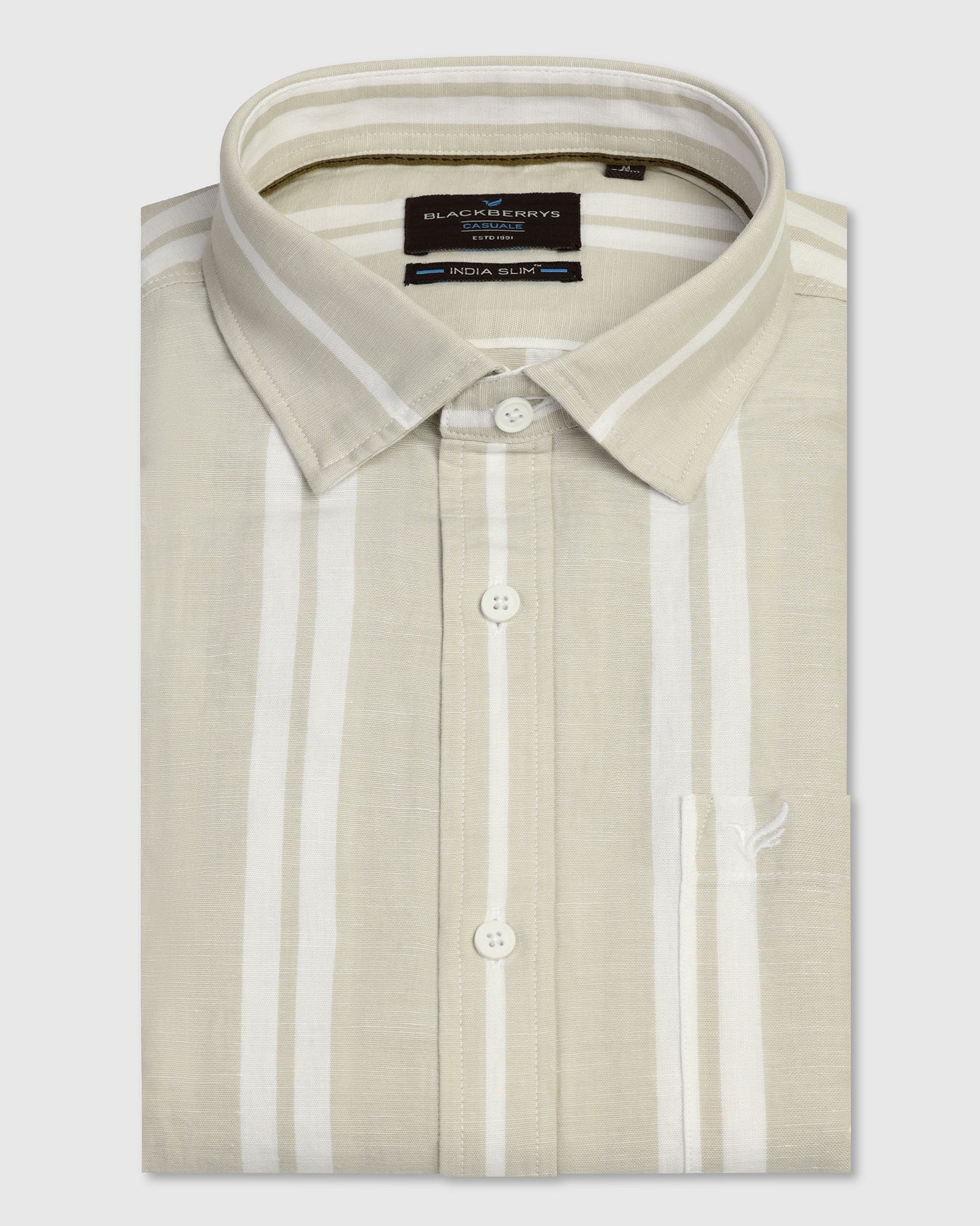 Linen Casual Half Sleeve Pistachio Stripe Shirt - breton - Image 5