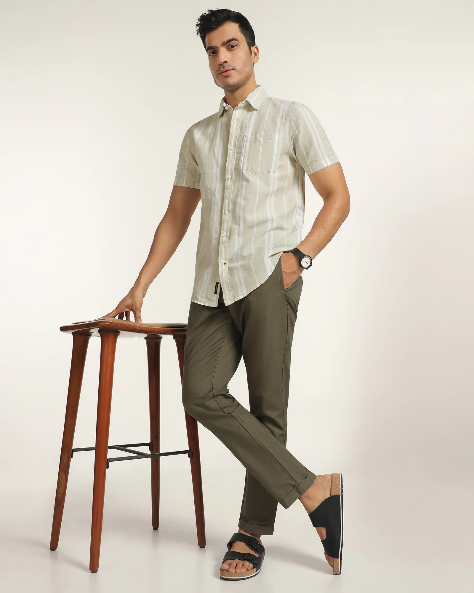 Linen Casual Half Sleeve Pistachio Stripe Shirt - breton - Image 7