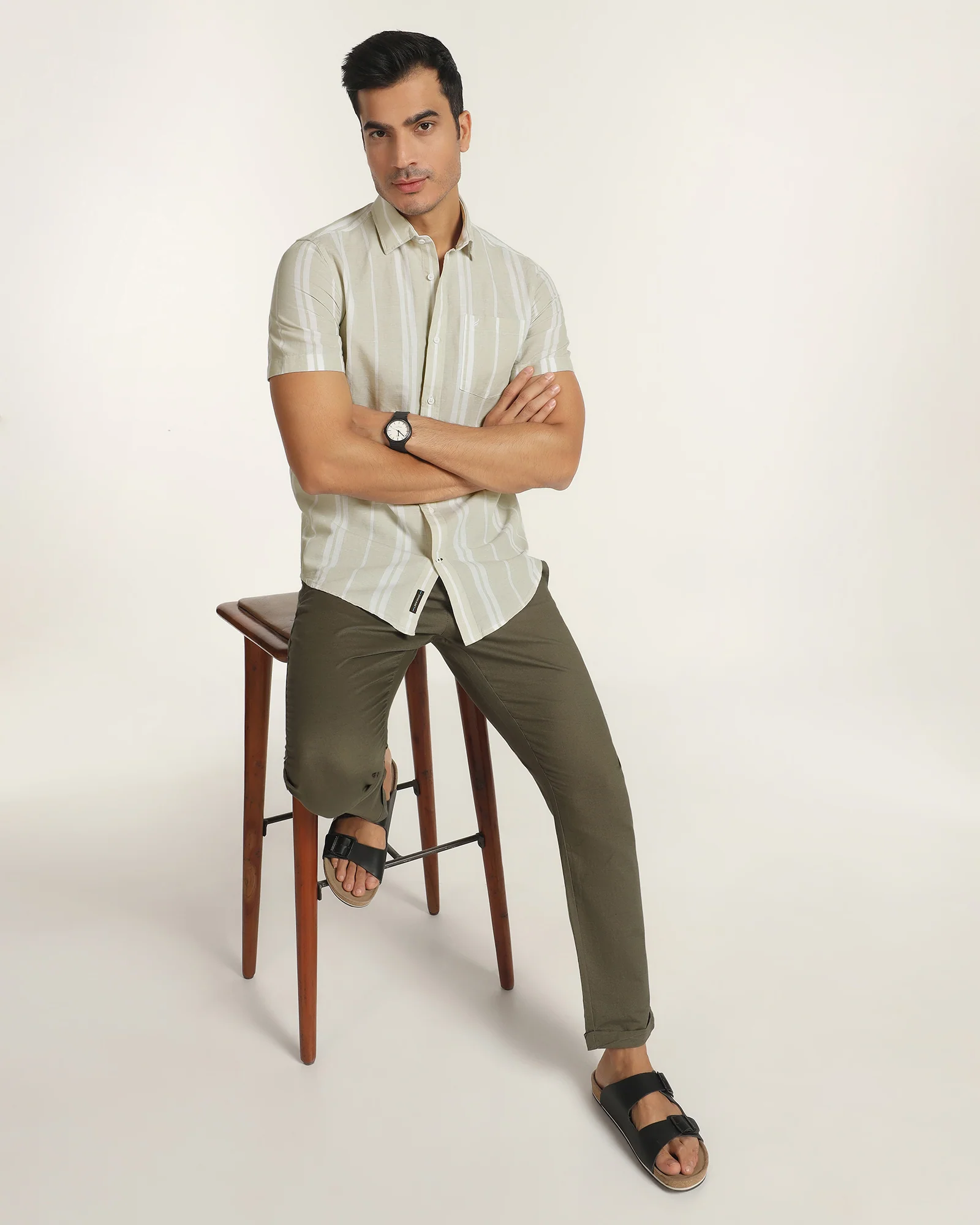 Linen Casual Half Sleeve Pistachio Stripe Shirt - breton - Image 8