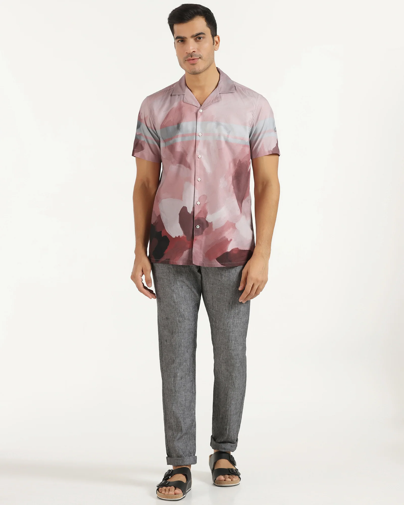Linen Casual Half Sleeve Red Printed Shirt - avery - Image 3