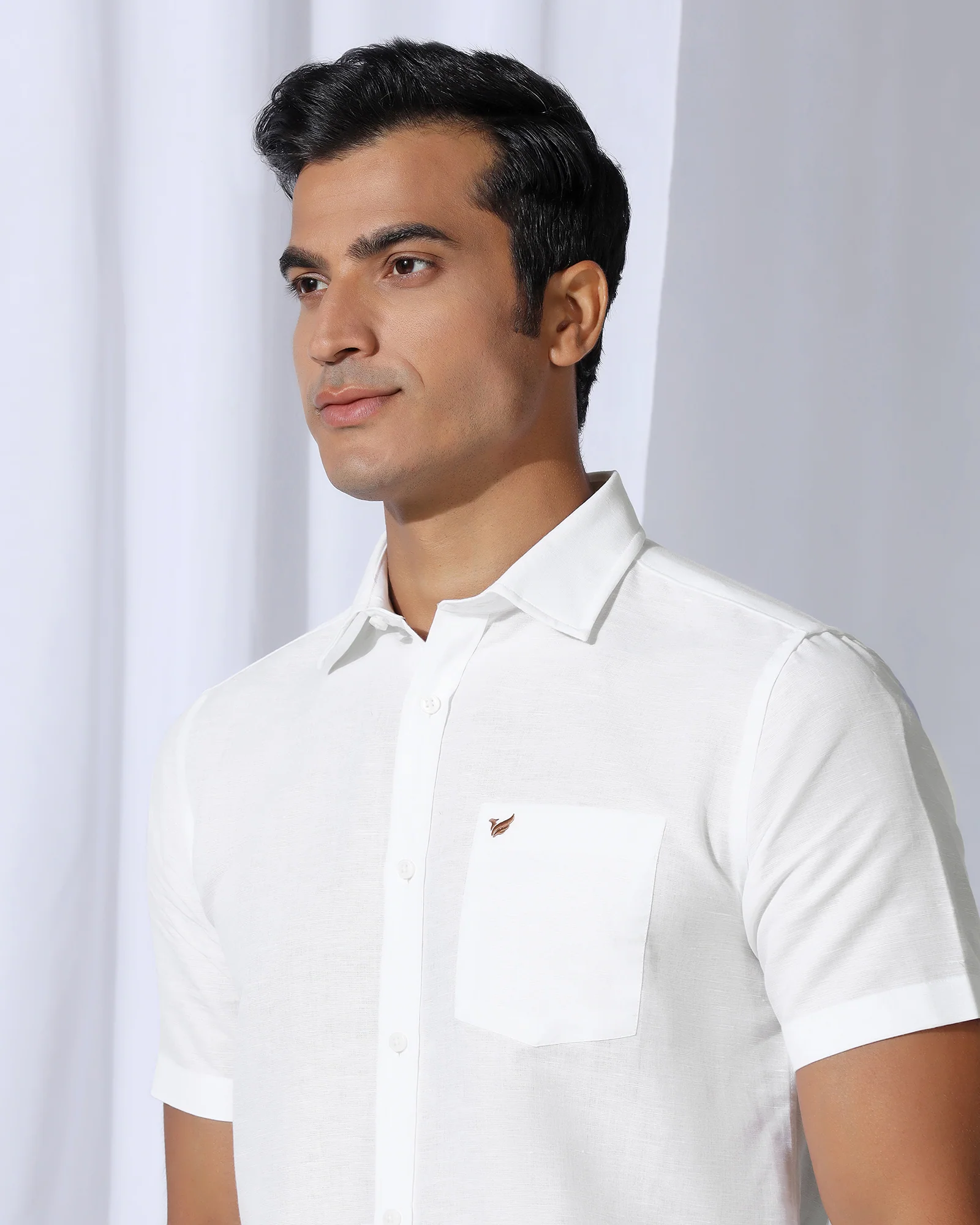 Linen Casual Half Sleeve White Solid Shirt - Salmon - Image 4