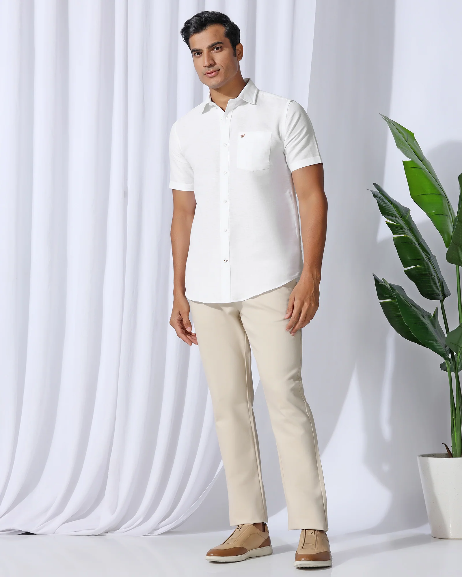 Linen Casual Half Sleeve White Solid Shirt - Salmon - Image 7