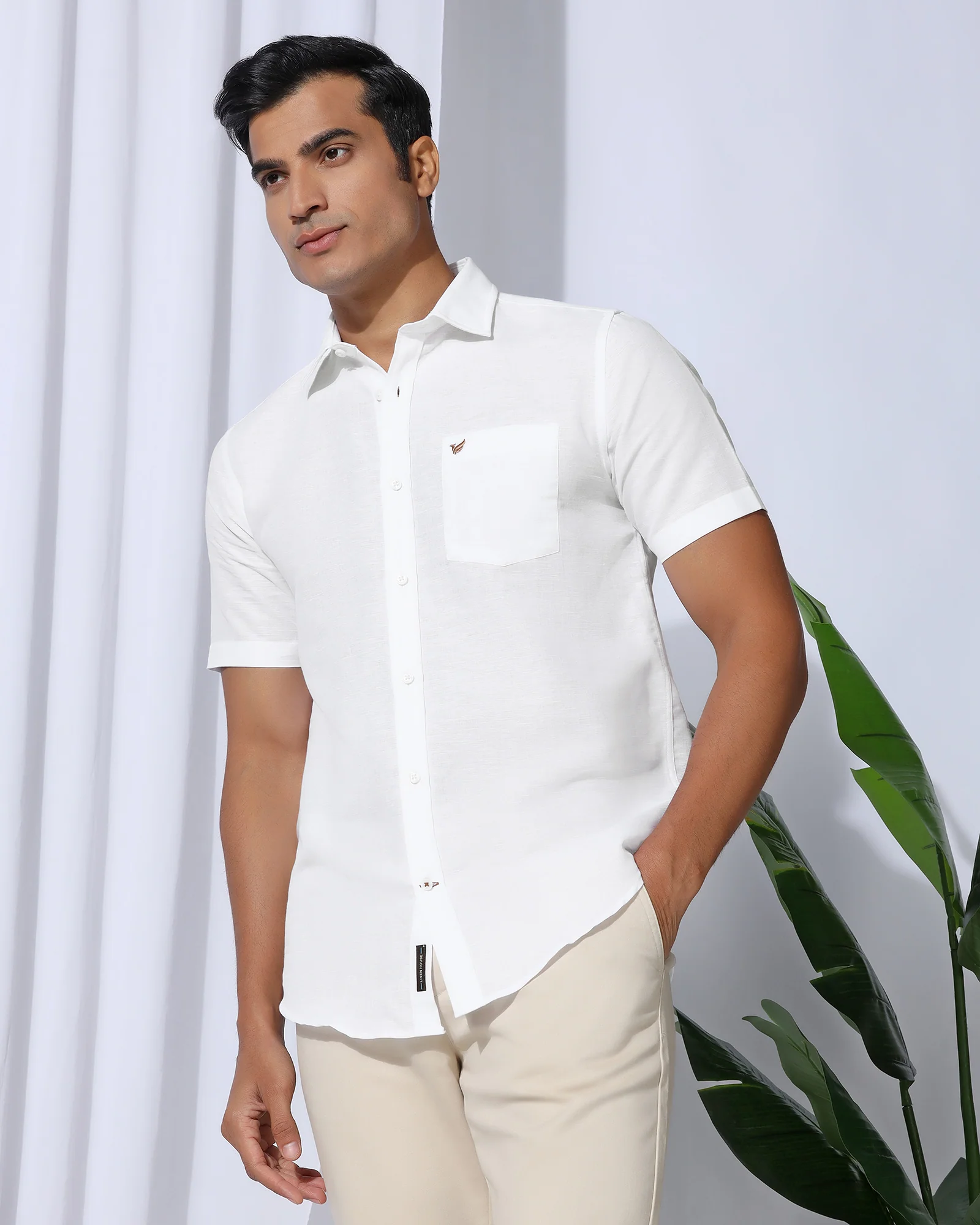 Linen Casual Half Sleeve White Solid Shirt - Salmon - Image 9